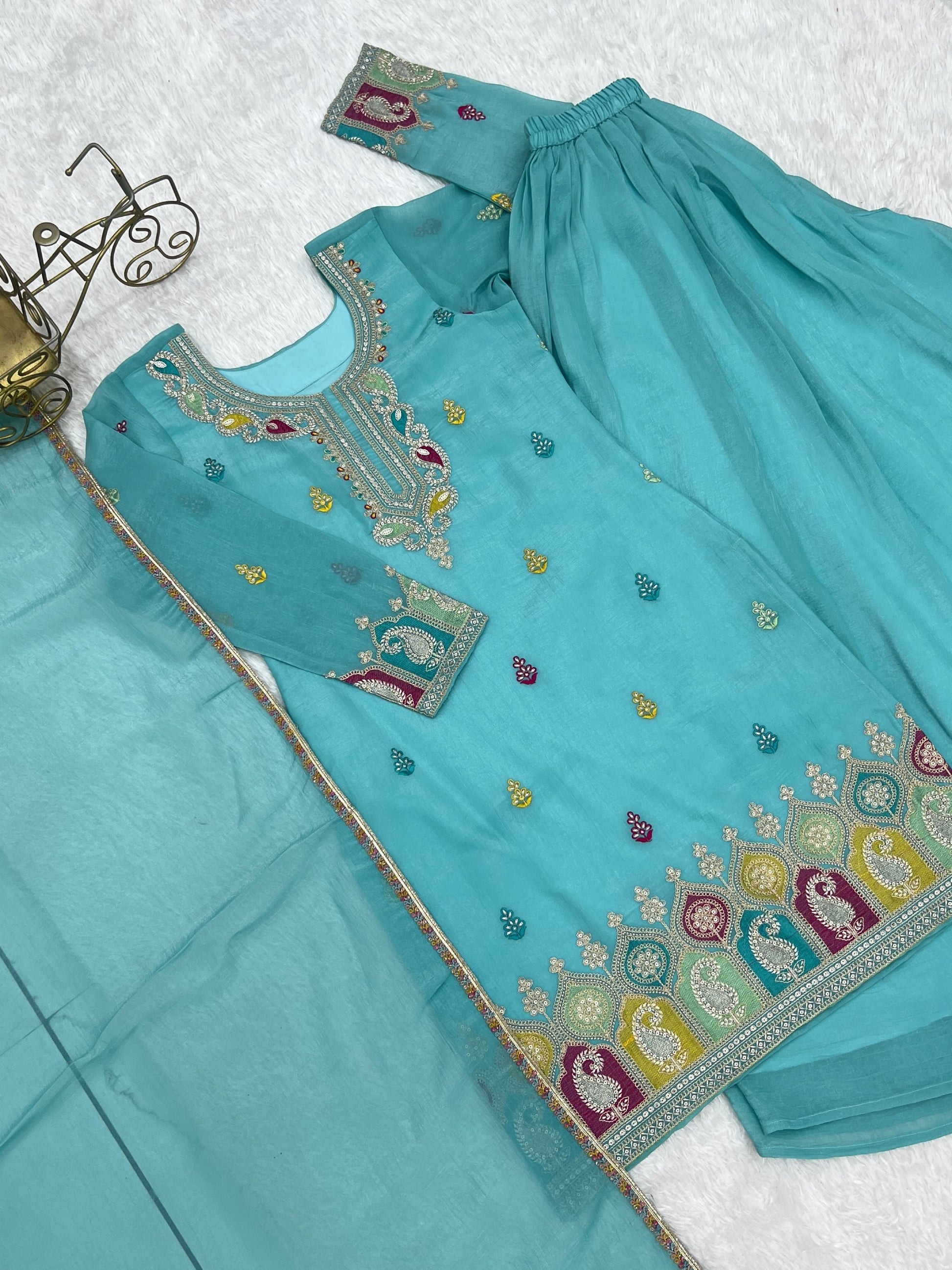 Notable Sky Blue Zari Embroidered Function Wear Sharara Suit With Dupatta
