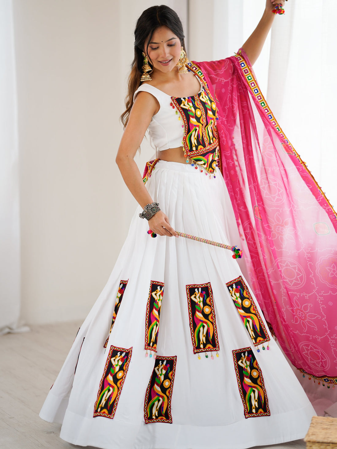 Lovely White Thread Work Rayon Navratri Special Lehenga Choli With Dupatta