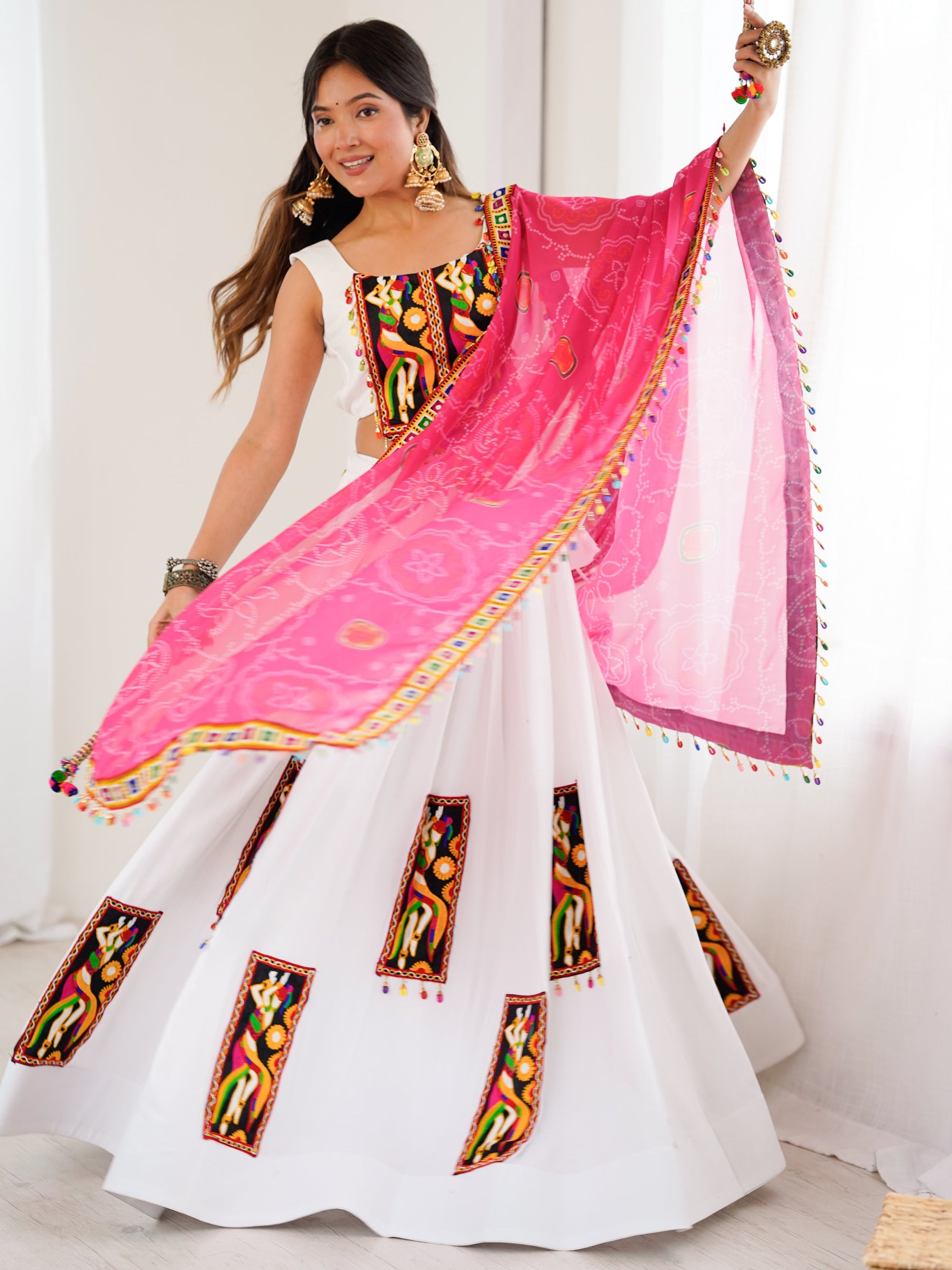 Lovely White Thread Work Rayon Navratri Special Lehenga Choli With Dupatta