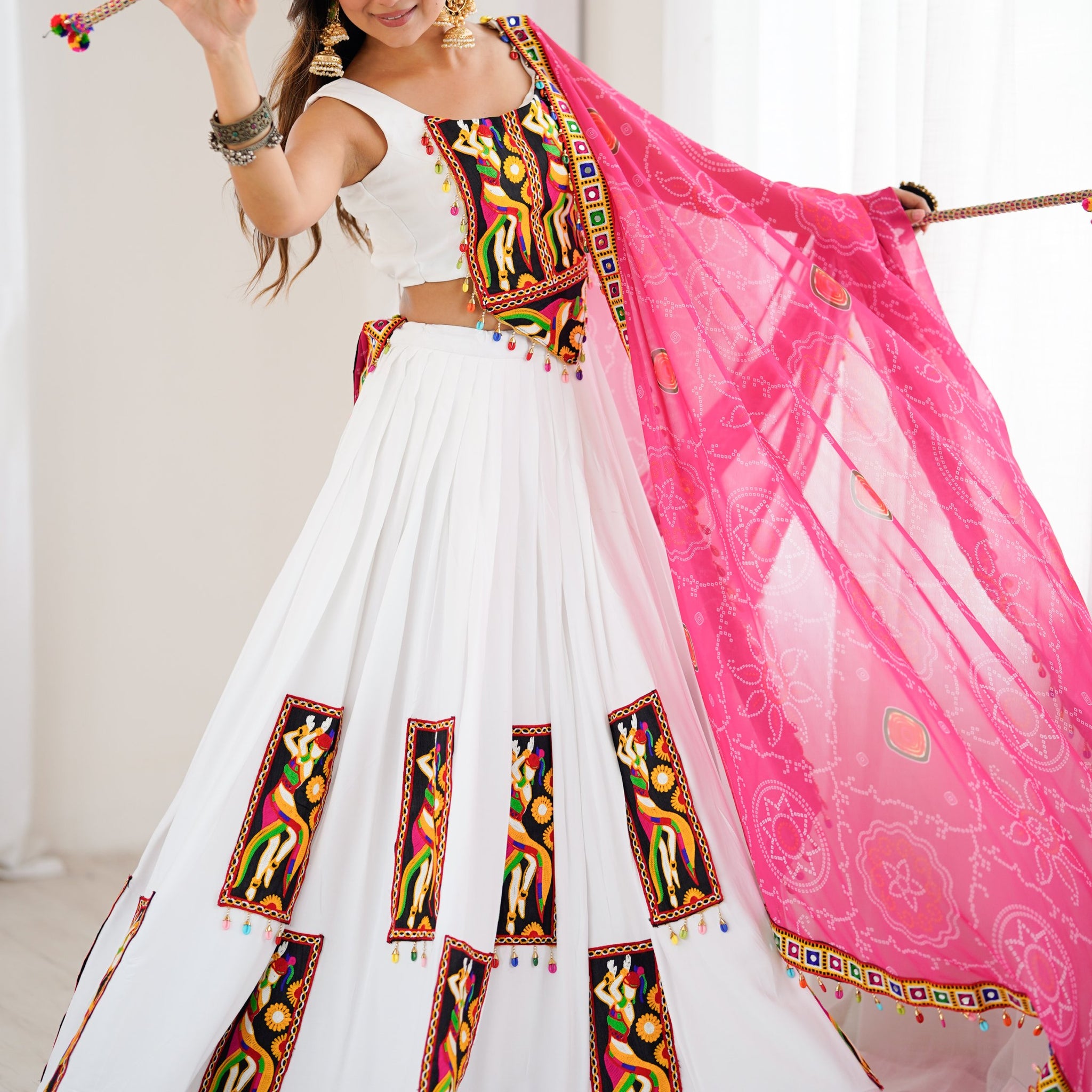 Lovely White Thread Work Rayon Navratri Special Lehenga Choli With Dupatta