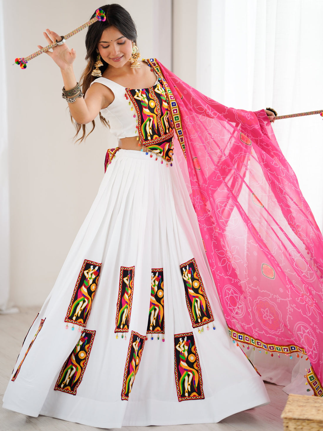 Lovely White Thread Work Rayon Navratri Special Lehenga Choli With Dupatta