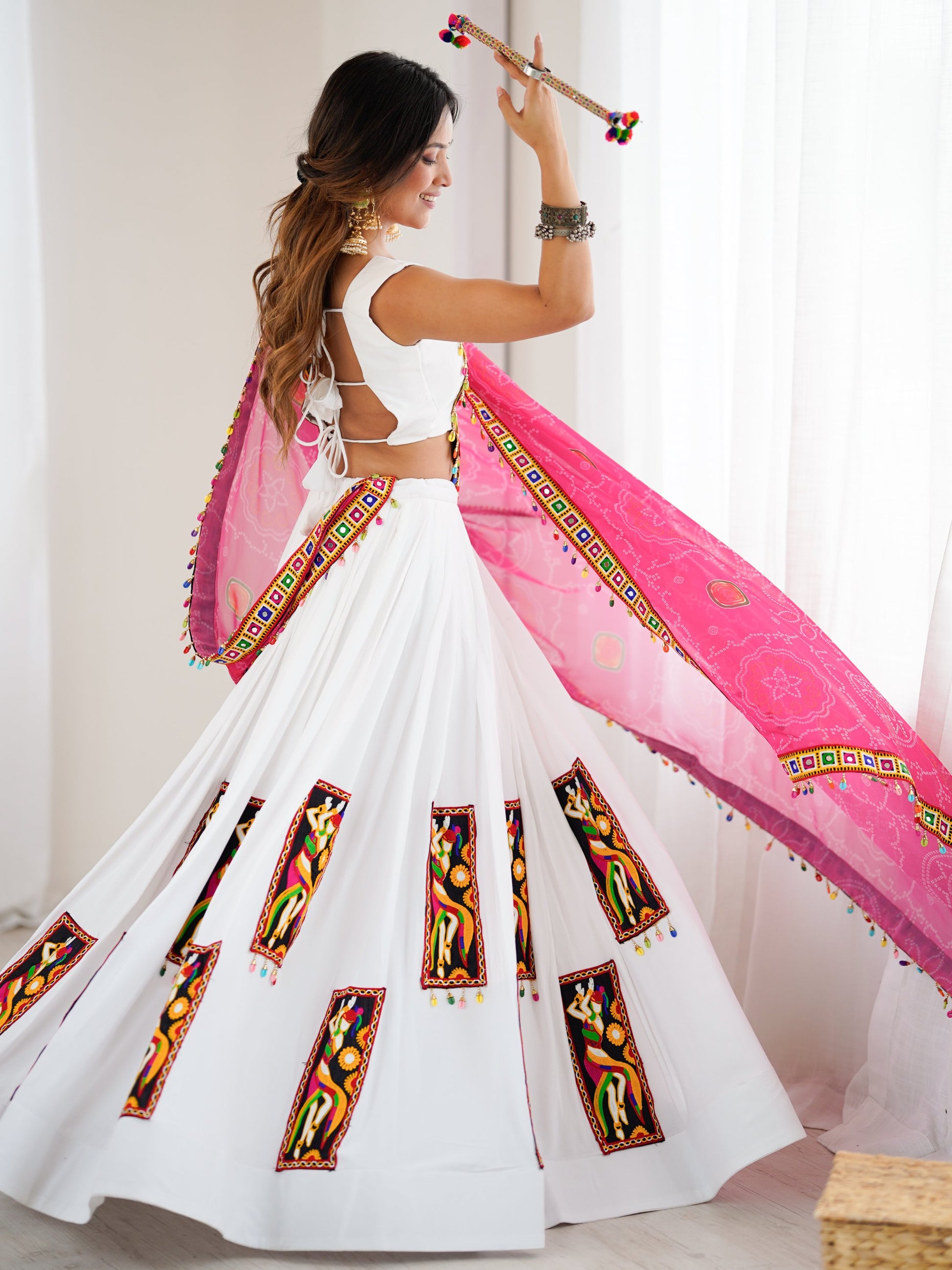 Lovely White Thread Work Rayon Navratri Special Lehenga Choli With Dupatta