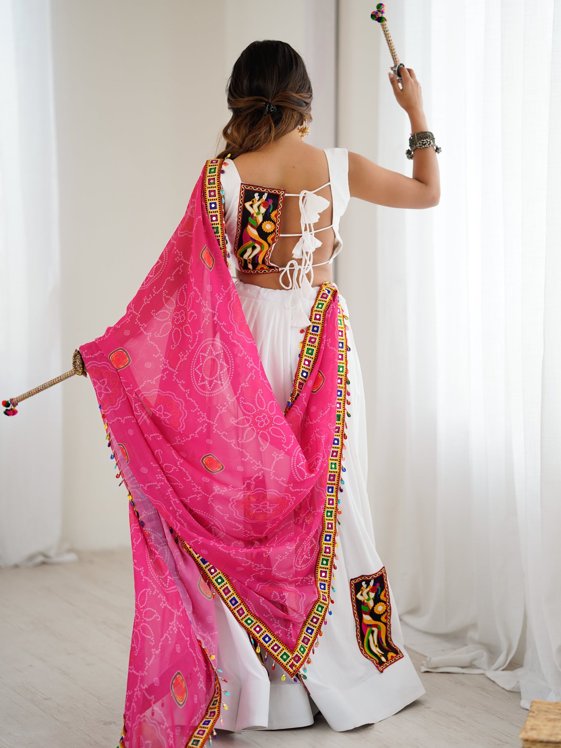 Lovely White Thread Work Rayon Navratri Special Lehenga Choli With Dupatta