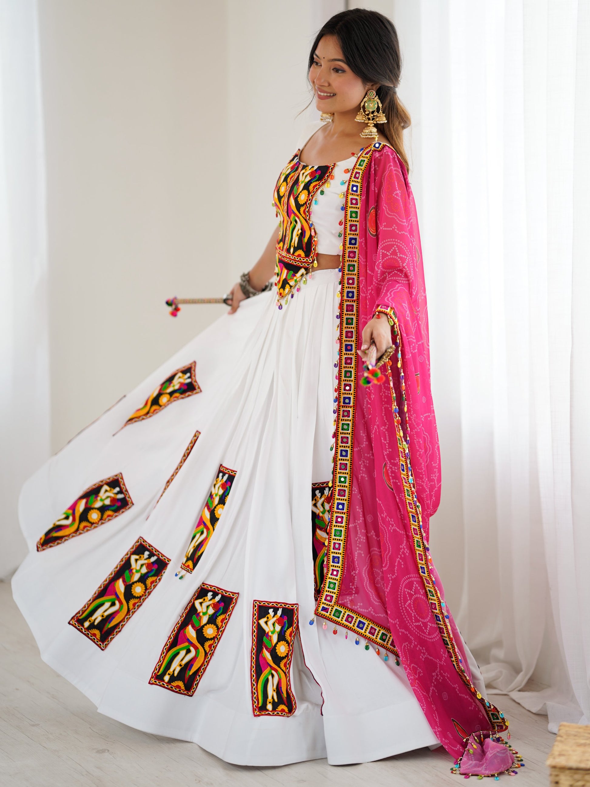 Lovely White Thread Work Rayon Navratri Special Lehenga Choli With Dupatta