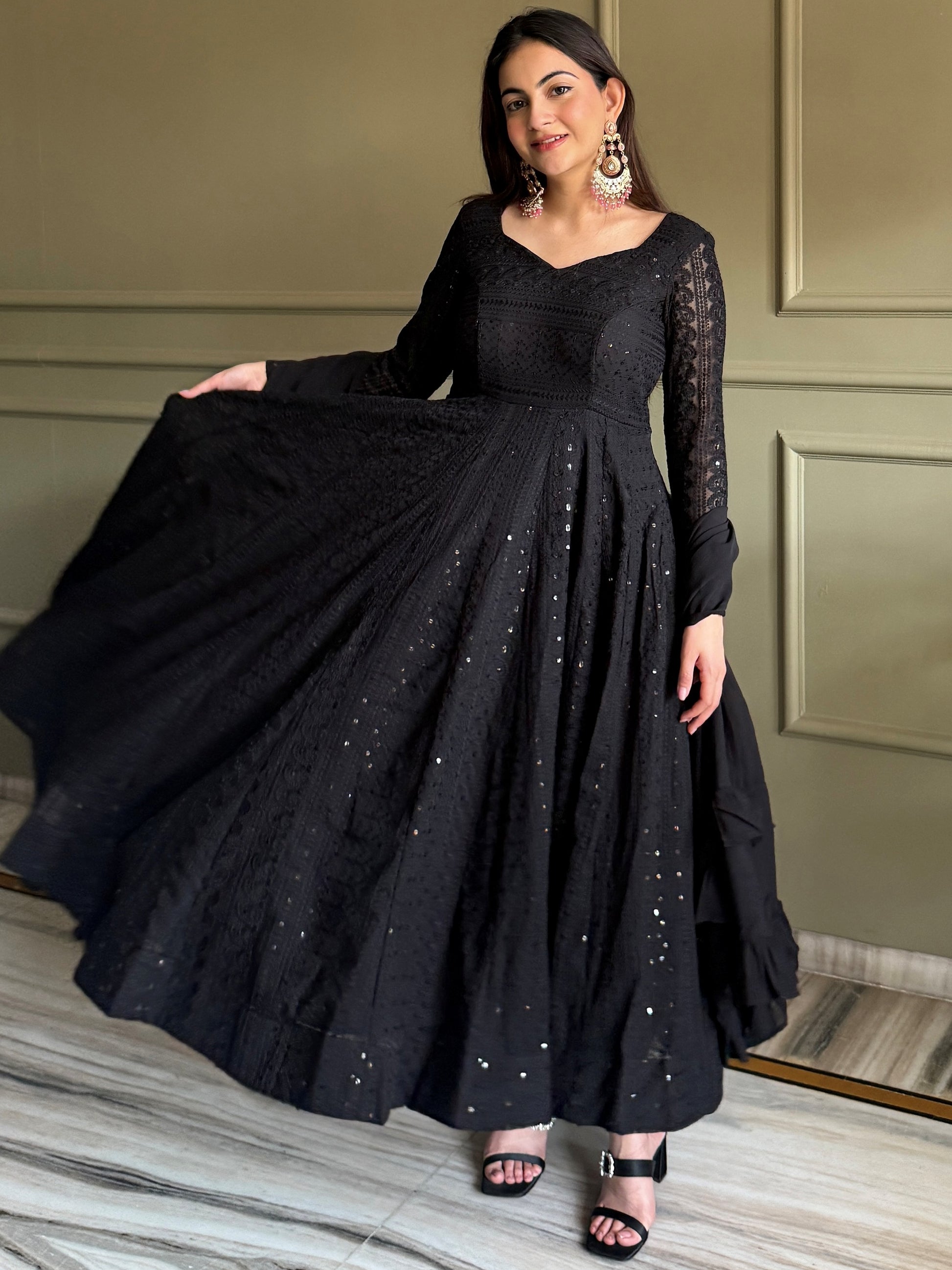Enchanting Black Sequins Georgette Festival Wear Anarkali Pant Suit