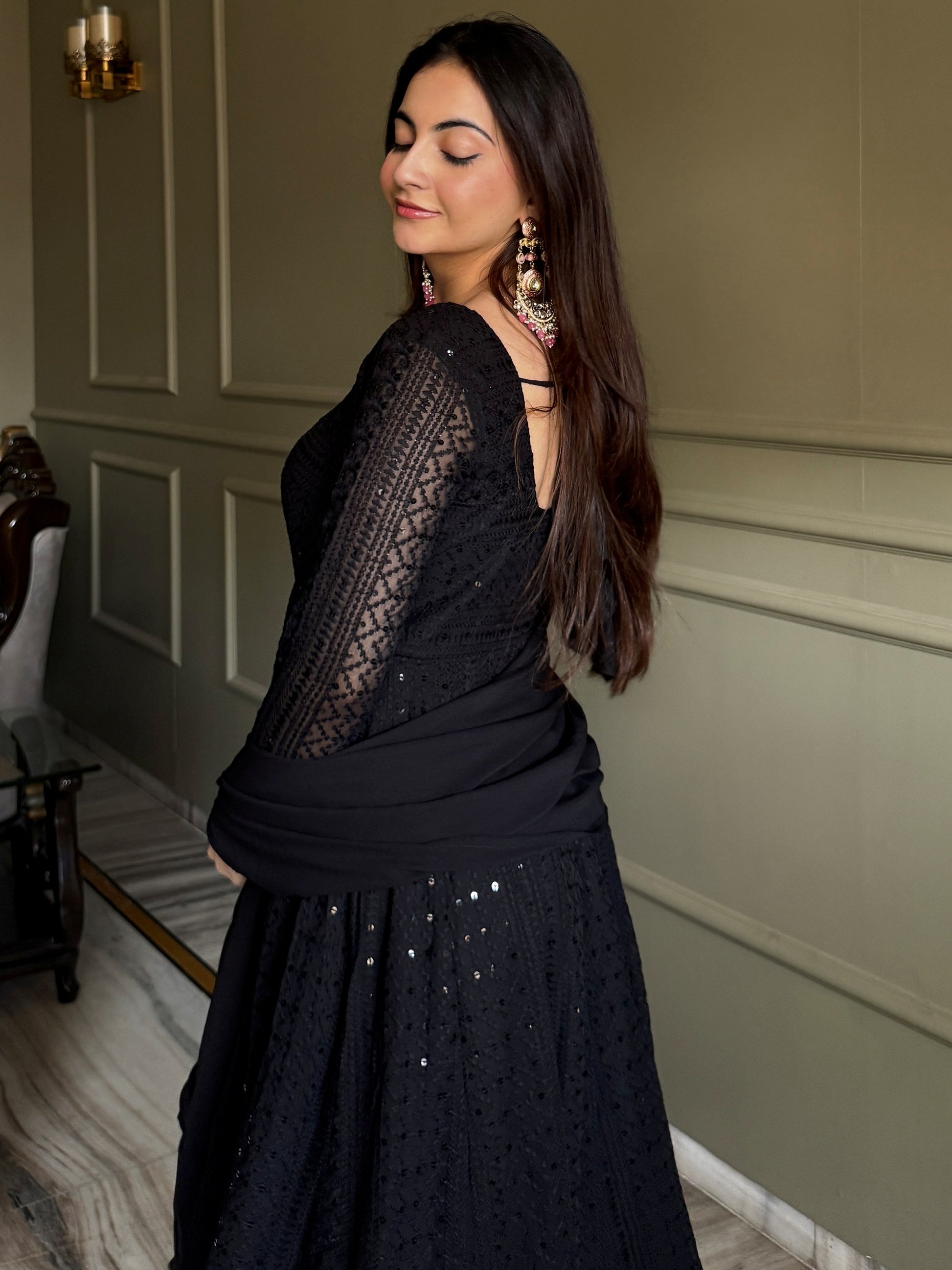 Enchanting Black Sequins Georgette Festival Wear Anarkali Pant Suit