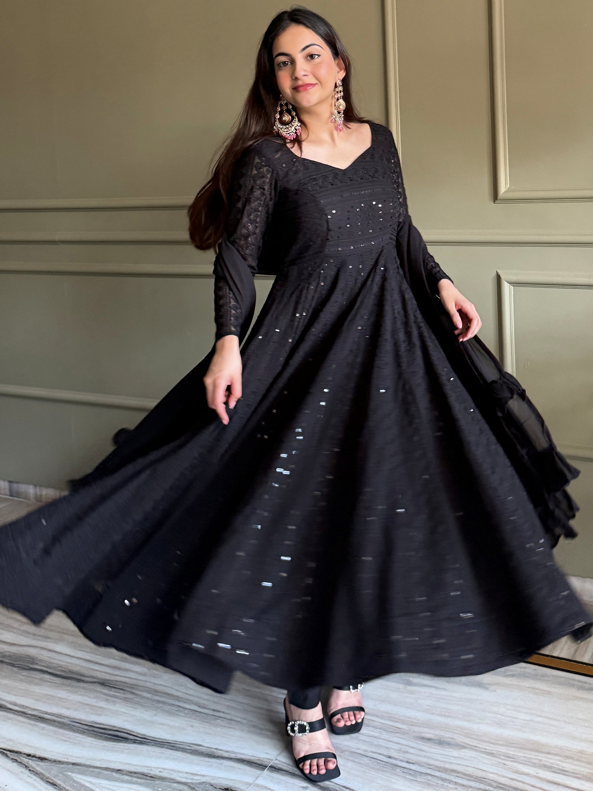 Enchanting Black Sequins Georgette Festival Wear Anarkali Pant Suit