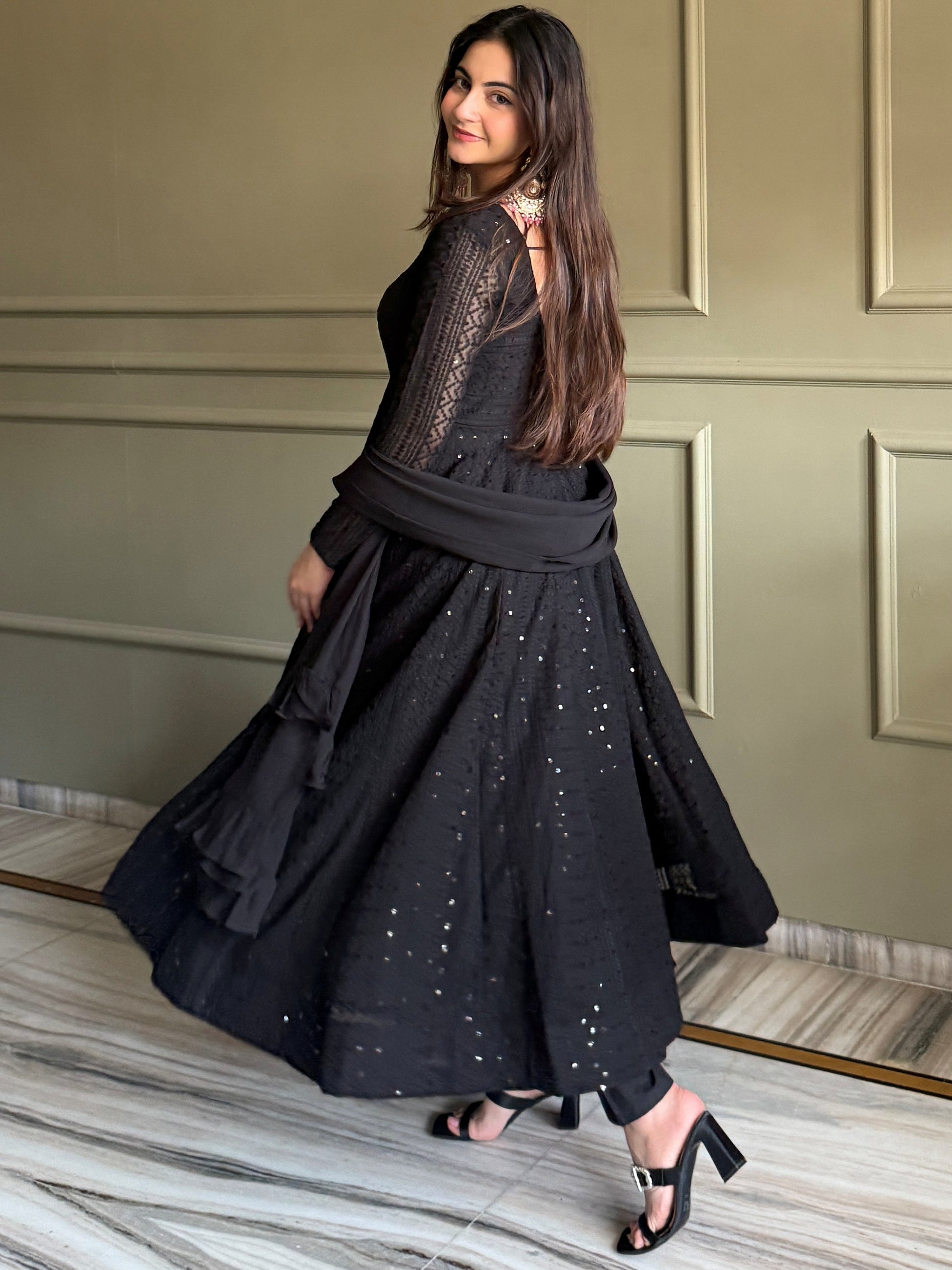 Enchanting Black Sequins Georgette Festival Wear Anarkali Pant Suit