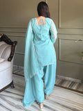 Spectacular Sky Blue Lace Work Silk Traditional Salwar Suit With Dupatta