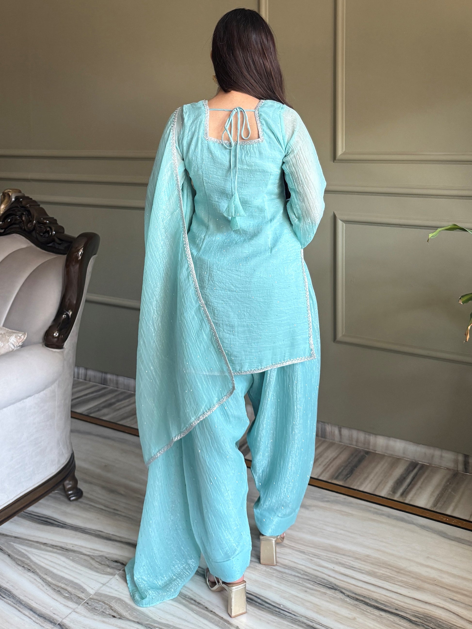 Spectacular Sky Blue Lace Work Silk Traditional Salwar Suit With Dupatta