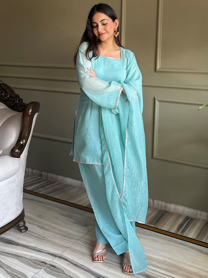 Spectacular Sky Blue Lace Work Silk Traditional Salwar Suit With Dupatta