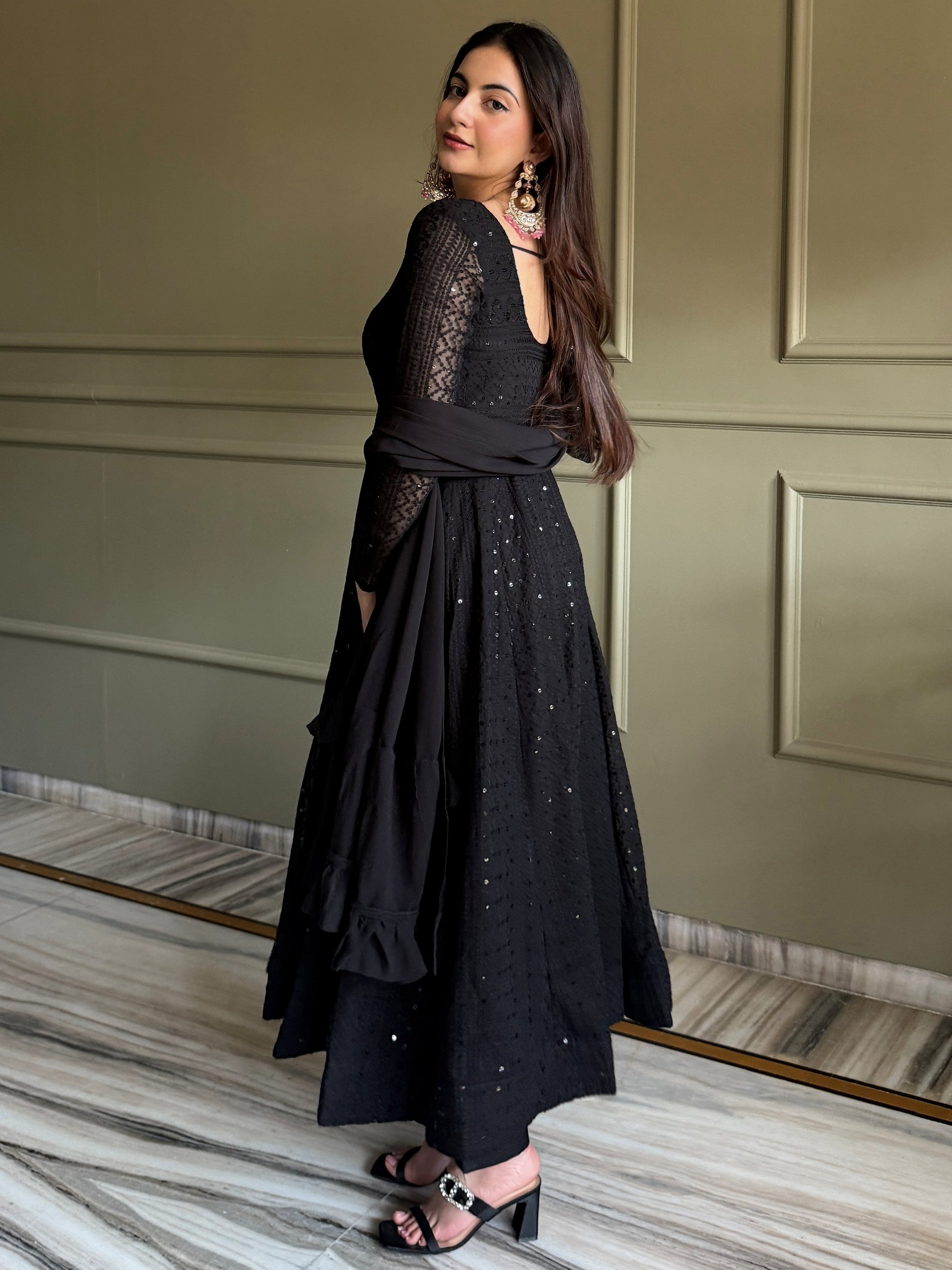Enchanting Black Sequins Georgette Festival Wear Anarkali Pant Suit