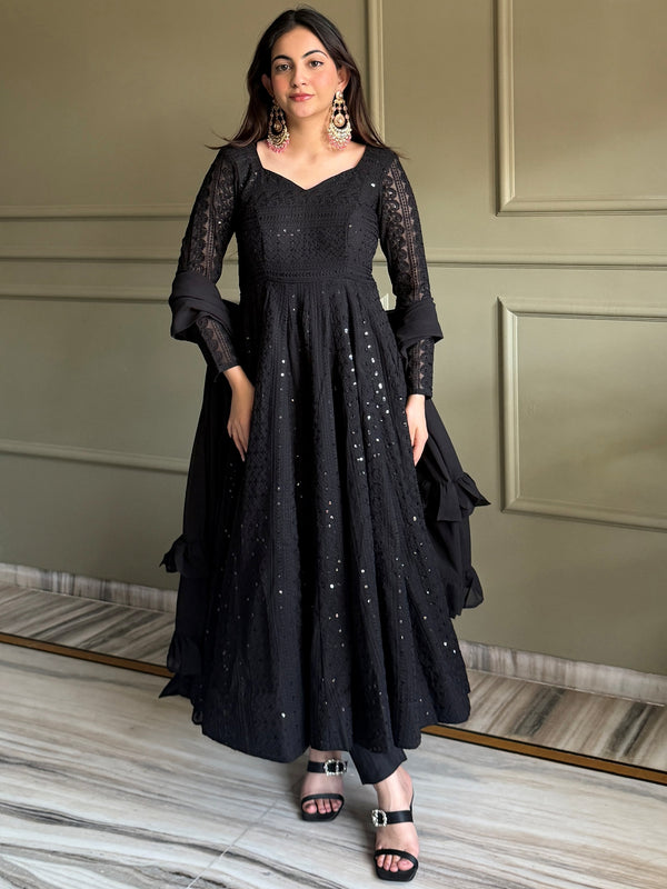 Enchanting Black Sequins Georgette Festival Wear Anarkali Pant Suit