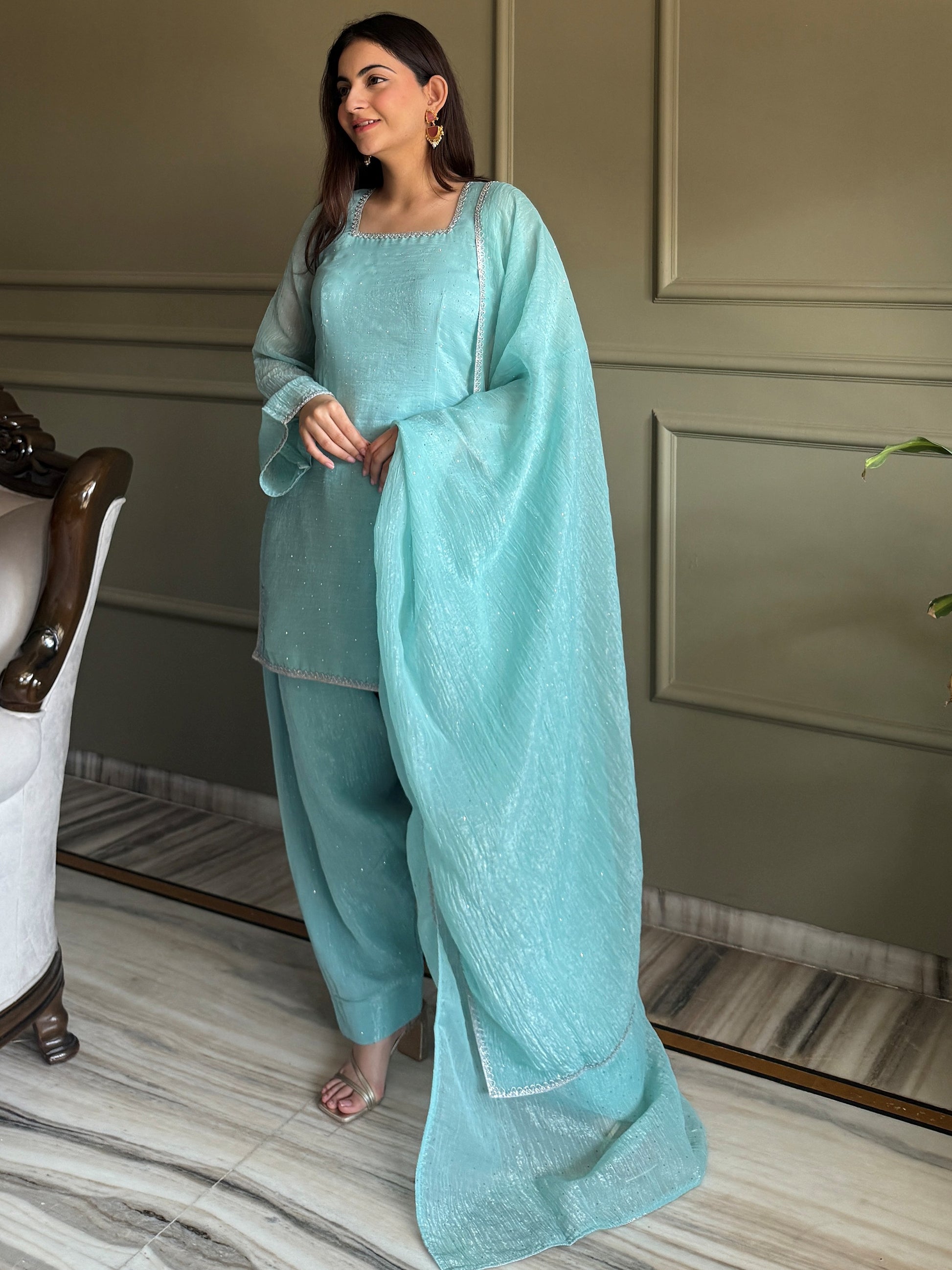 Spectacular Sky Blue Lace Work Silk Traditional Salwar Suit With Dupatta