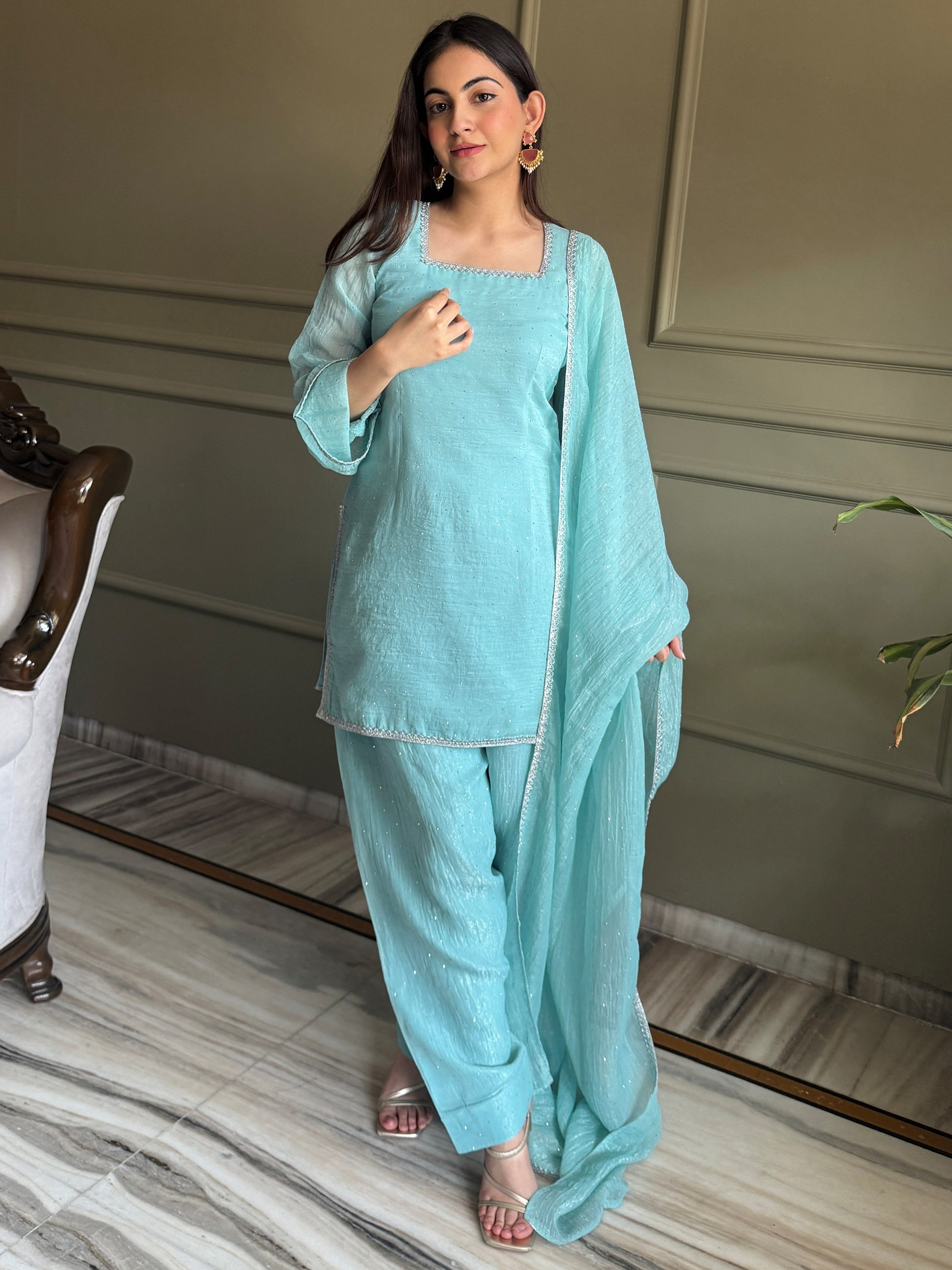 Spectacular Sky Blue Lace Work Silk Traditional Salwar Suit With Dupatta