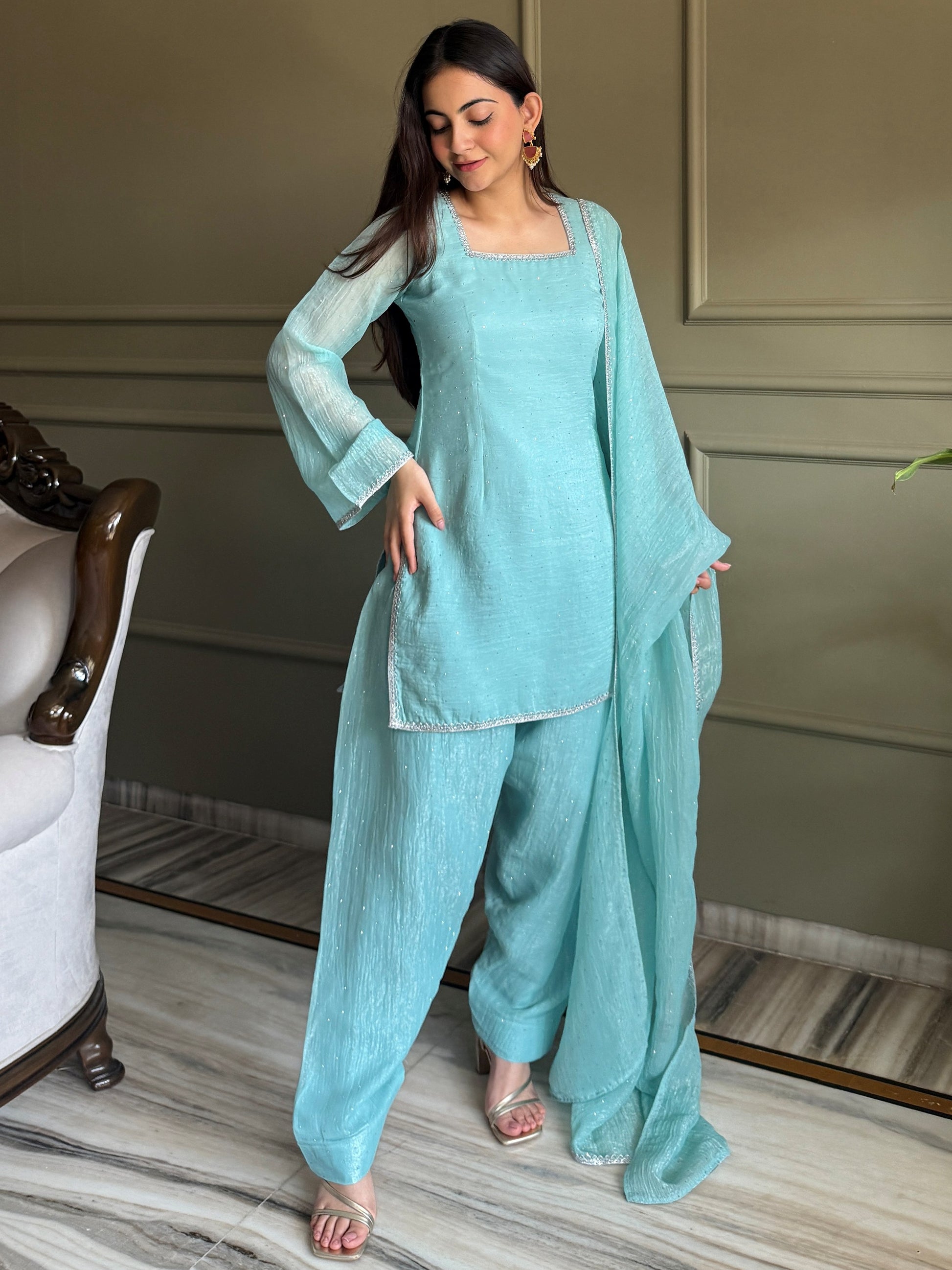 Spectacular Sky Blue Lace Work Silk Traditional Salwar Suit With Dupatta