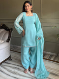 Spectacular Sky Blue Lace Work Silk Traditional Salwar Suit With Dupatta