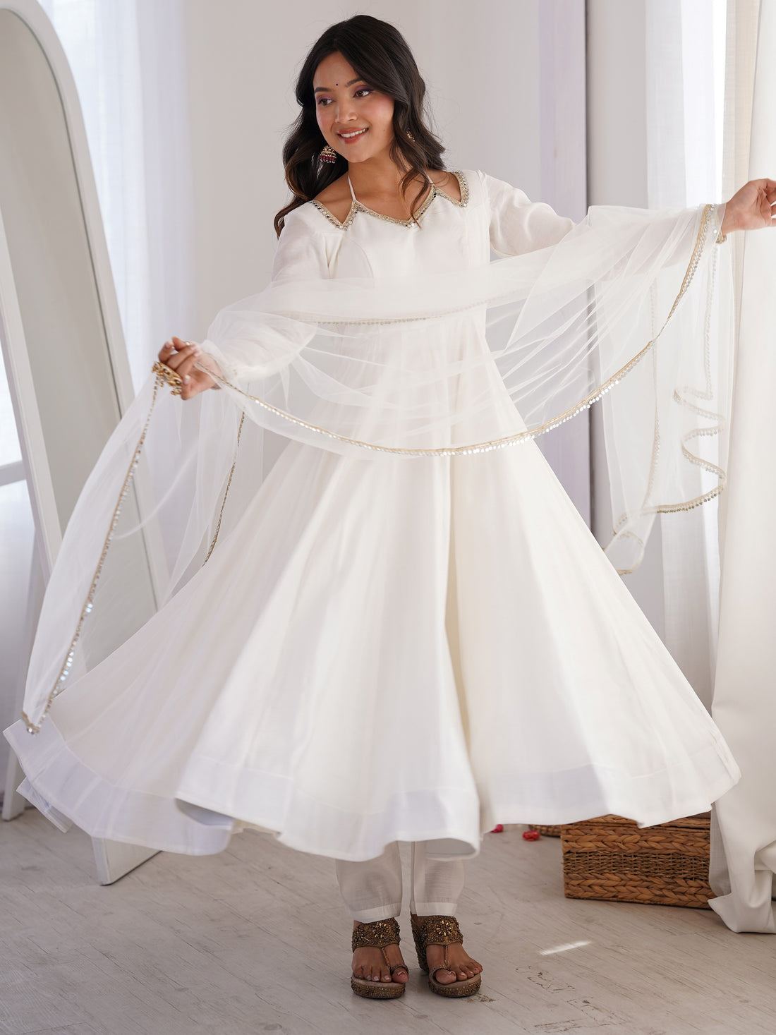 Attractive White Lace Work Silk Festival Wear Anarkali Gown With Dupatta