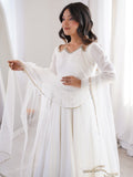 Attractive White Lace Work Silk Festival Wear Anarkali Suit With Dupatta