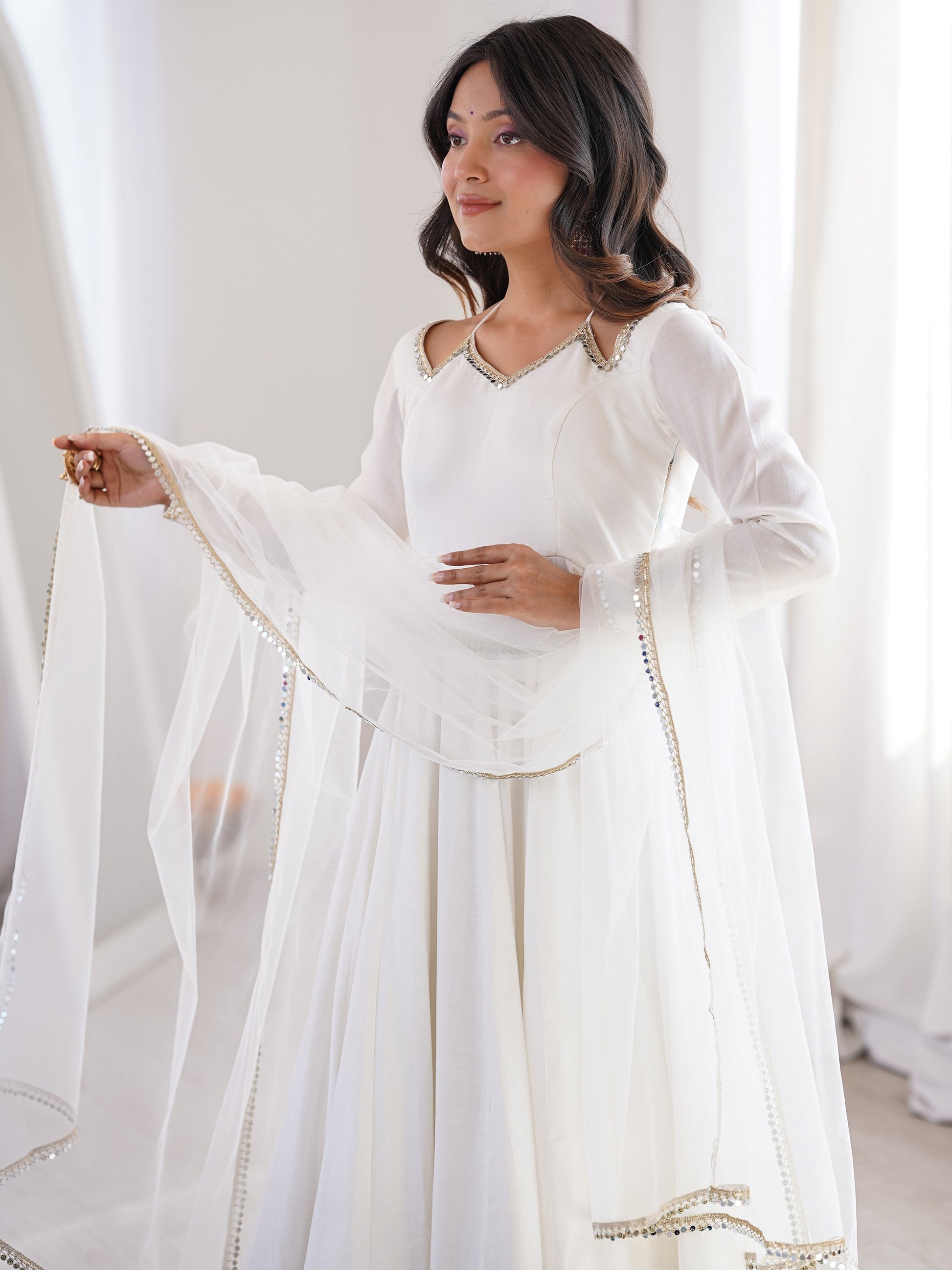 Attractive White Lace Work Silk Festival Wear Anarkali Suit With Dupatta
