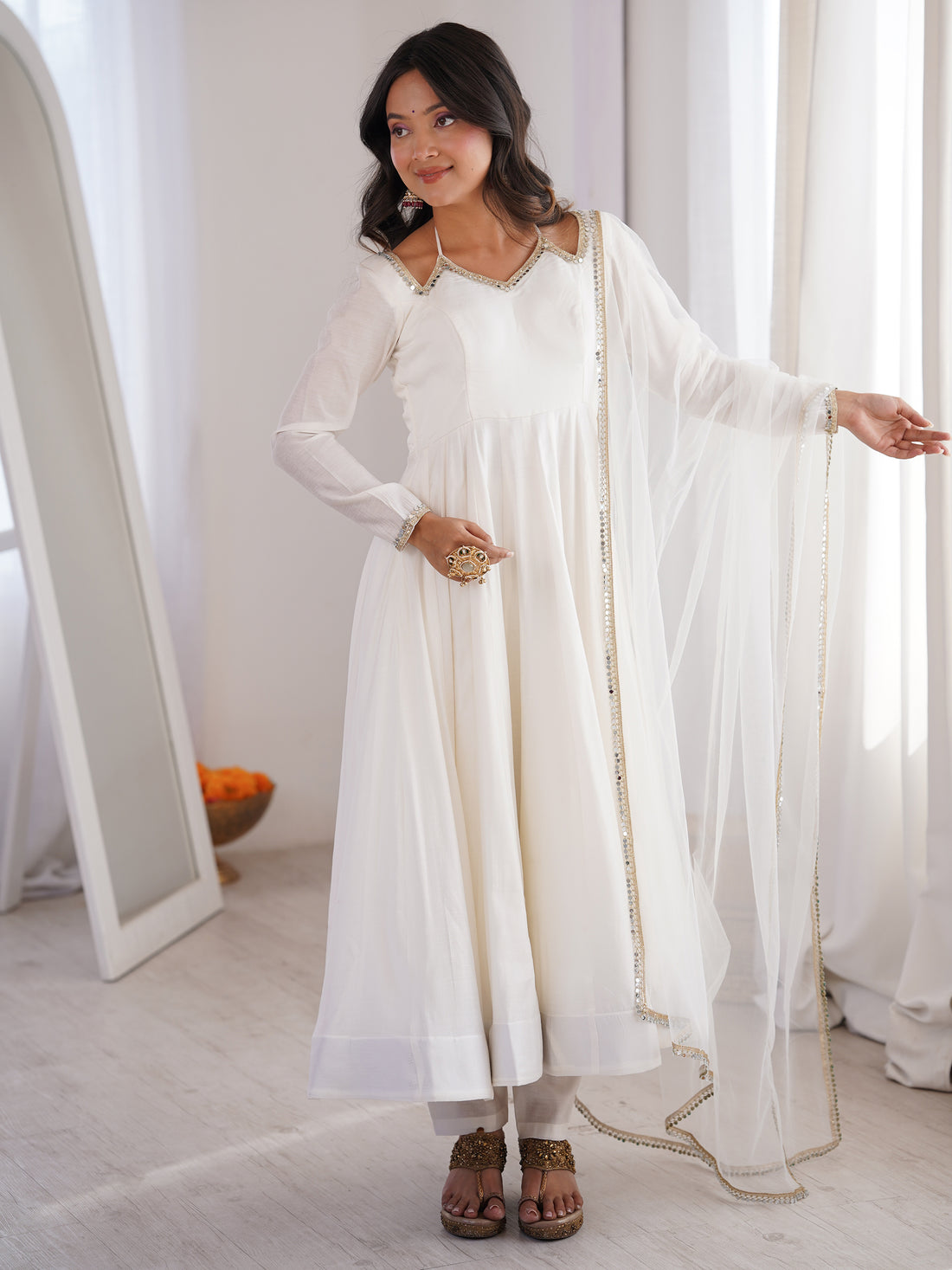 Attractive White Lace Work Silk Festival Wear Anarkali Gown With Dupatta