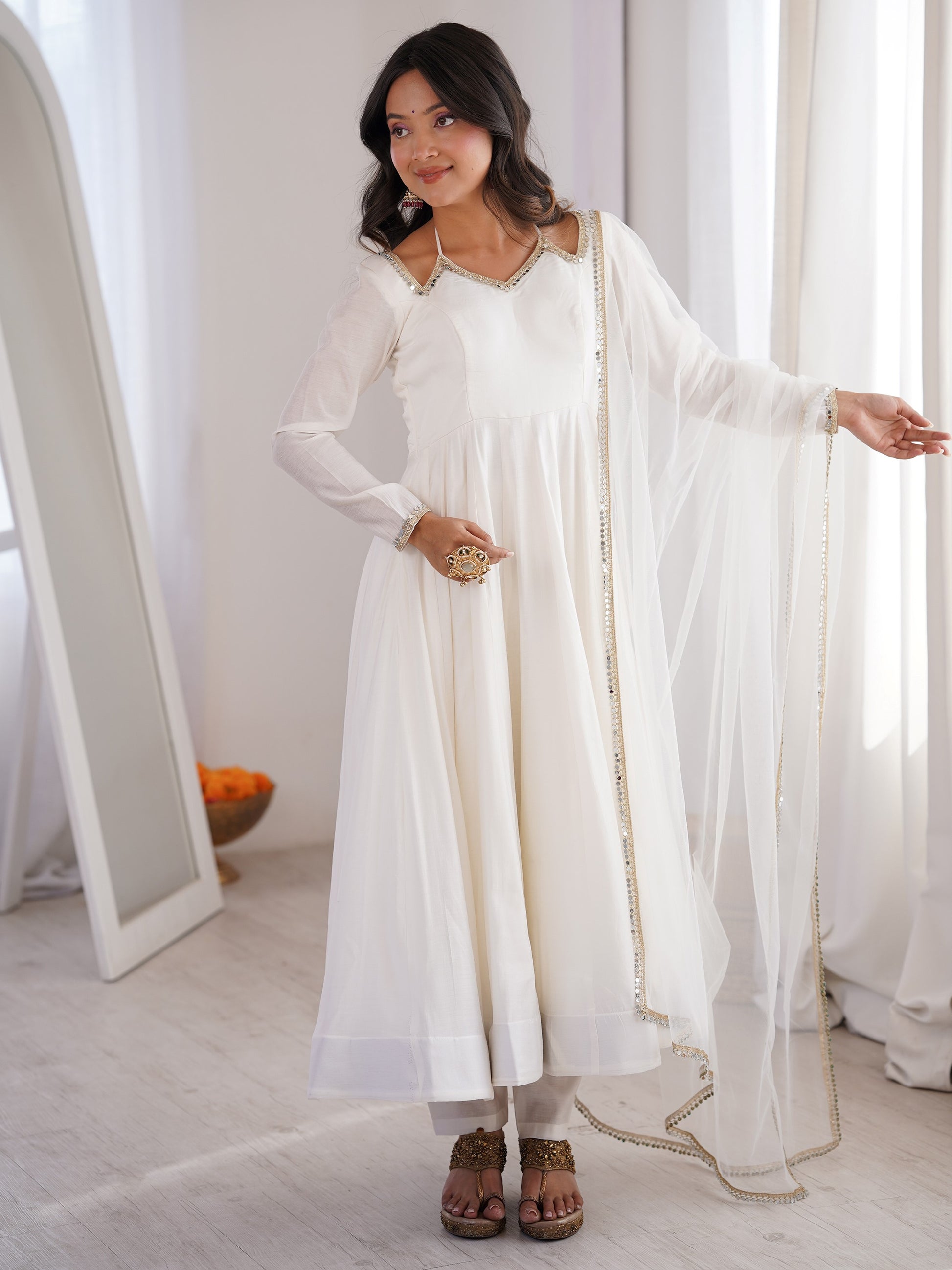 Attractive White Lace Work Silk Festival Wear Anarkali Suit With Dupatta