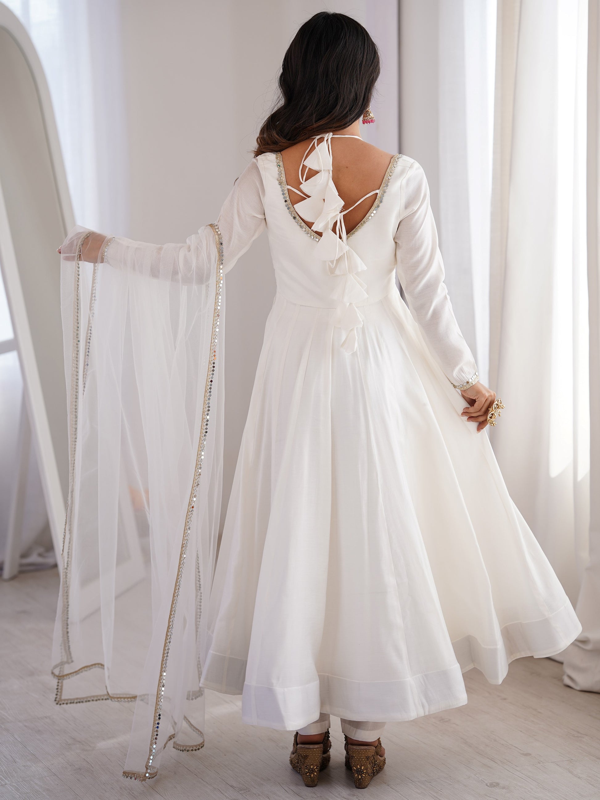 Attractive White Lace Work Silk Festival Wear Anarkali Suit With Dupatta