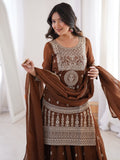 Glorious Brown Dori Work Silk Eid Special Sharara Suit With Dupatta