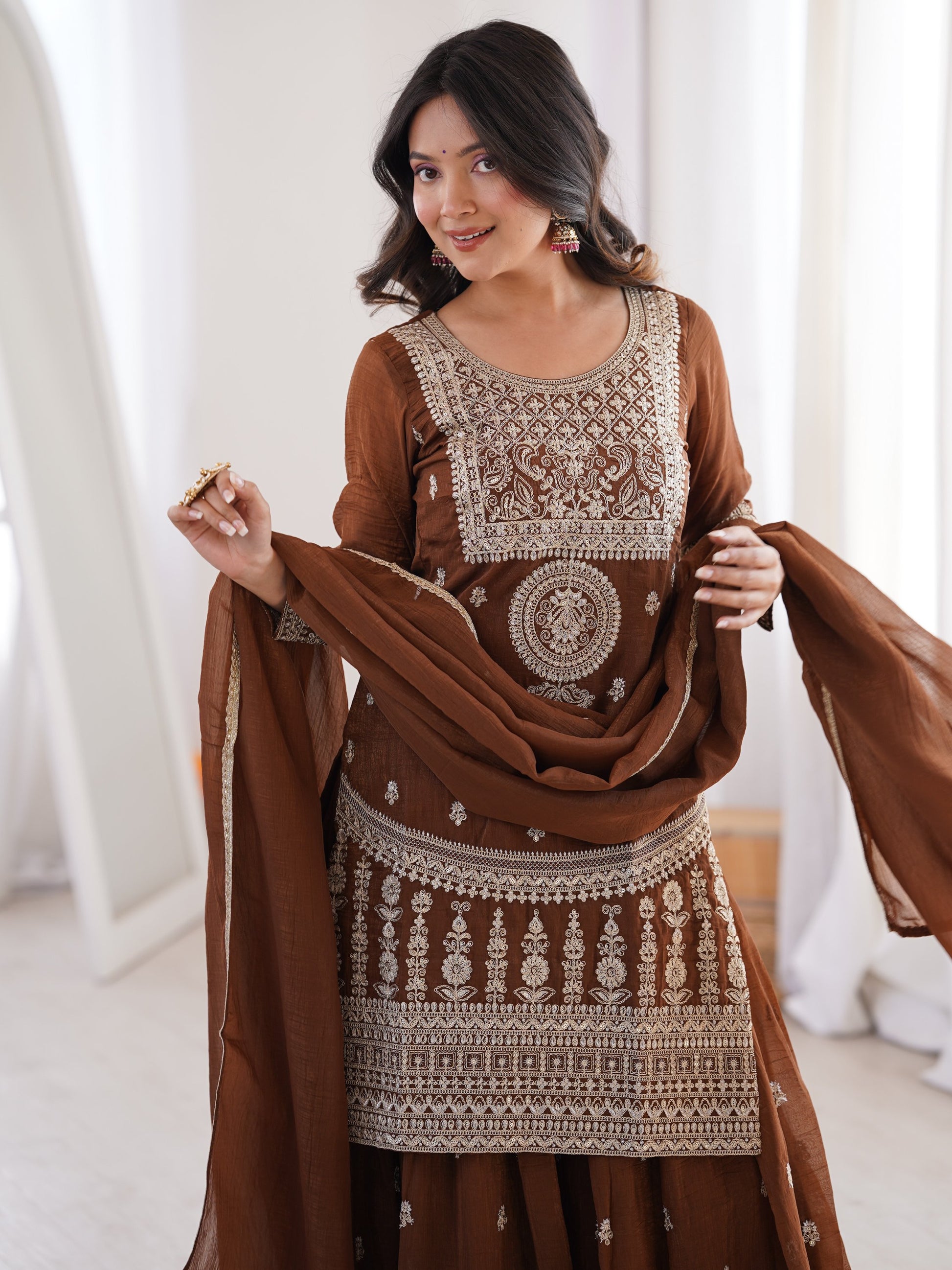 Glorious Brown Dori Work Silk Eid Special Sharara Suit With Dupatta