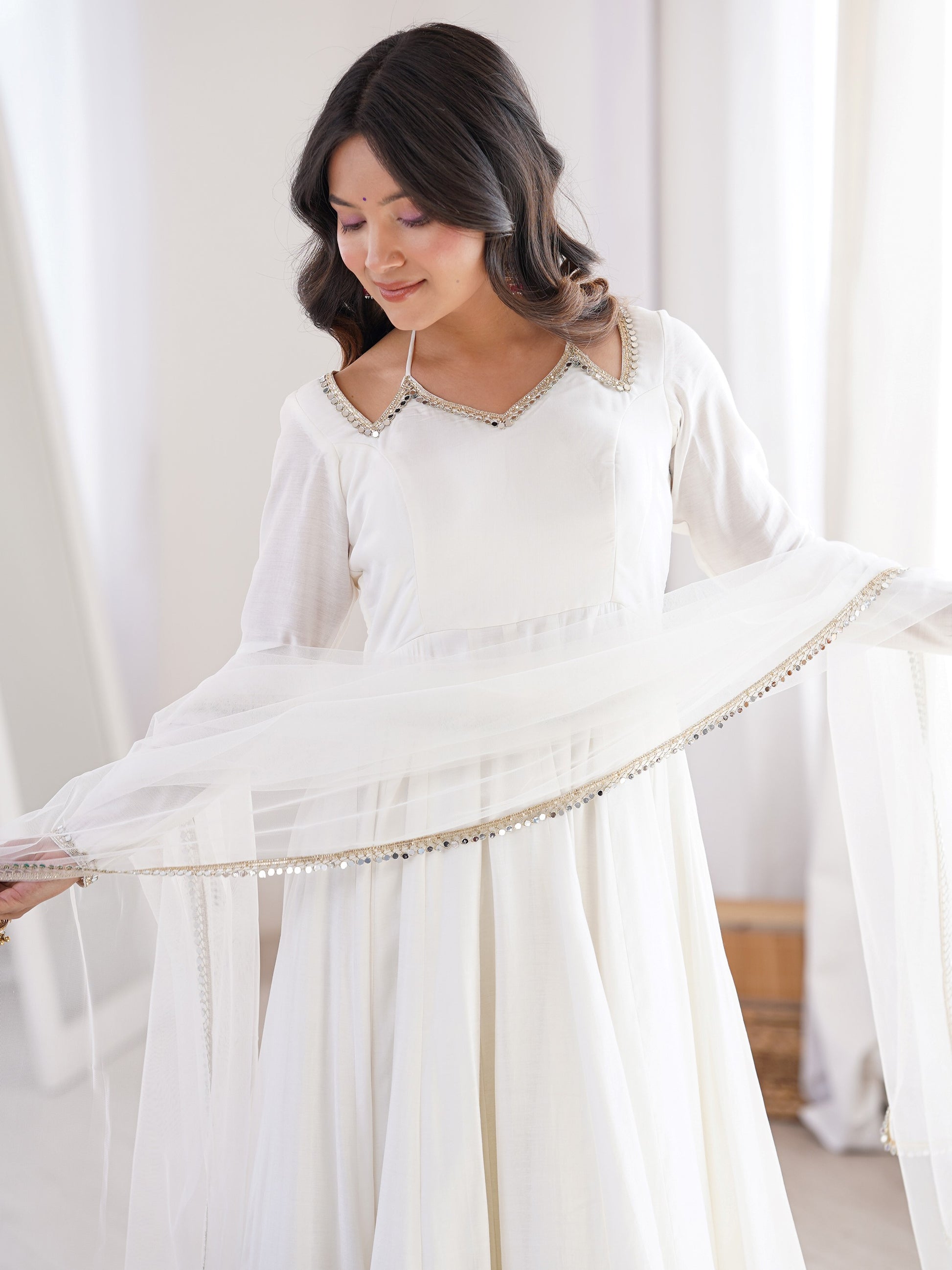 Attractive White Lace Work Silk Festival Wear Anarkali Suit With Dupatta