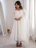 Attractive White Lace Work Silk Festival Wear Anarkali Suit With Dupatta