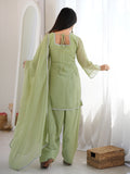 Charming Pista Green Lace Work Silk Festive Wear Salwar Suit