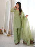 Charming Pista Green Lace Work Silk Festive Wear Salwar Suit
