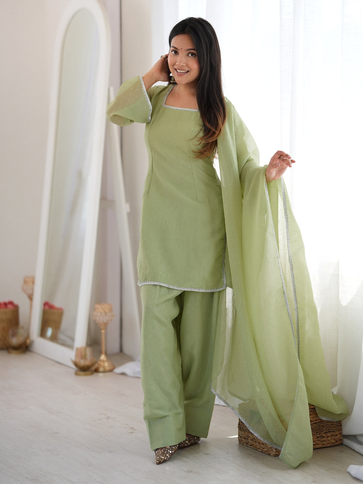 Charming Pista Green Lace Work Silk Festive Wear Salwar Suit