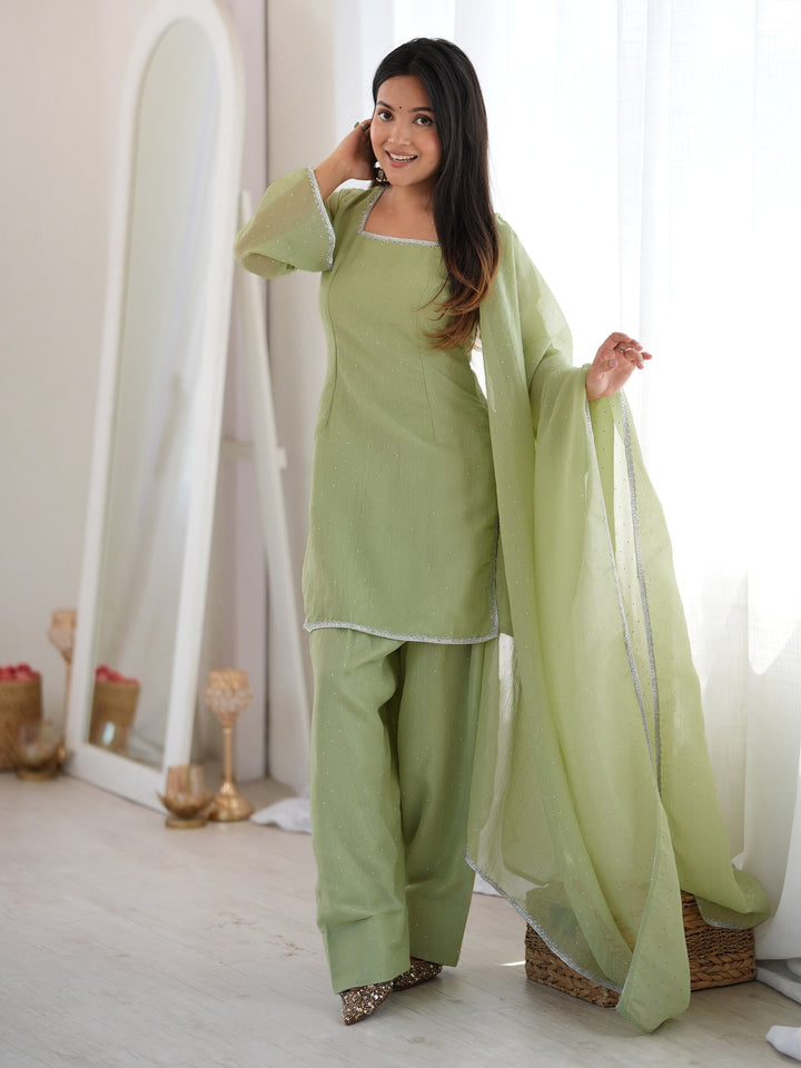 Charming Pista Green Lace Work Silk Festive Wear Salwar Suit