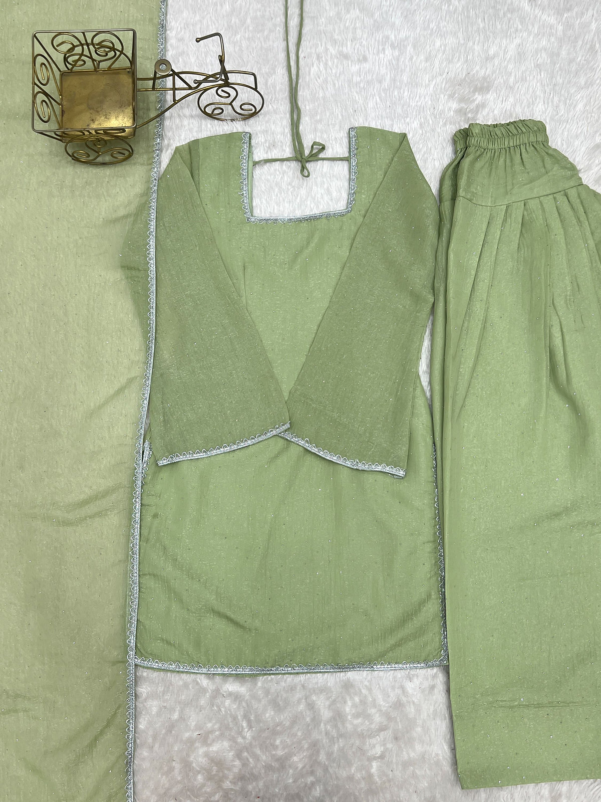 Charming Pista Green Lace Work Silk Festive Wear Salwar Suit