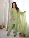 Charming Pista Green Lace Work Silk Festive Wear Salwar Suit