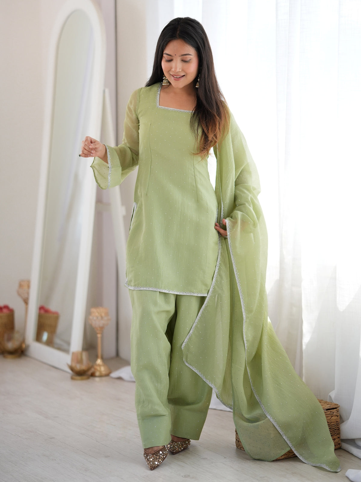 Charming Pista Green Lace Work Silk Festive Wear Salwar Suit