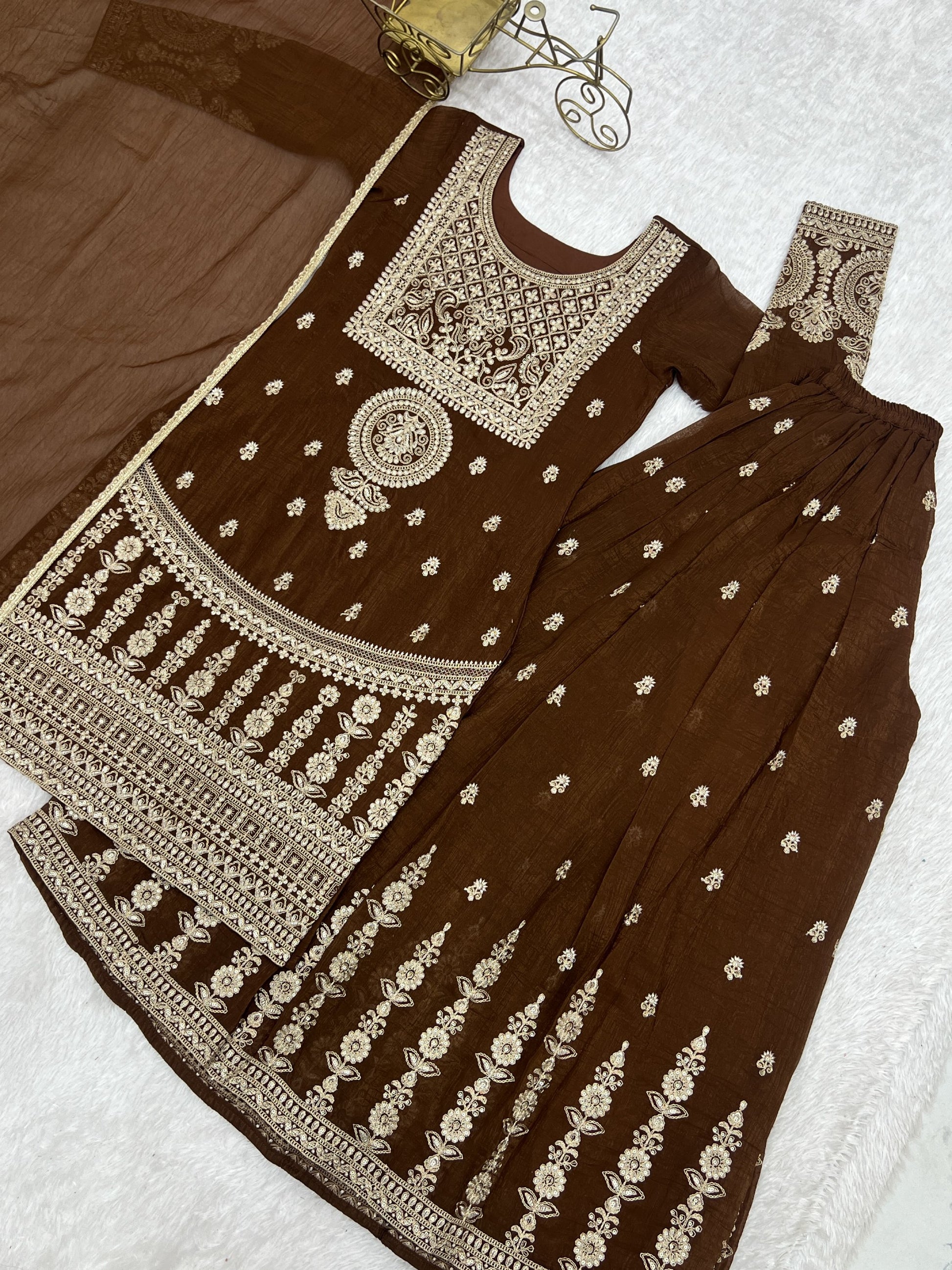 Glorious Brown Dori Work Silk Eid Special Sharara Suit With Dupatta