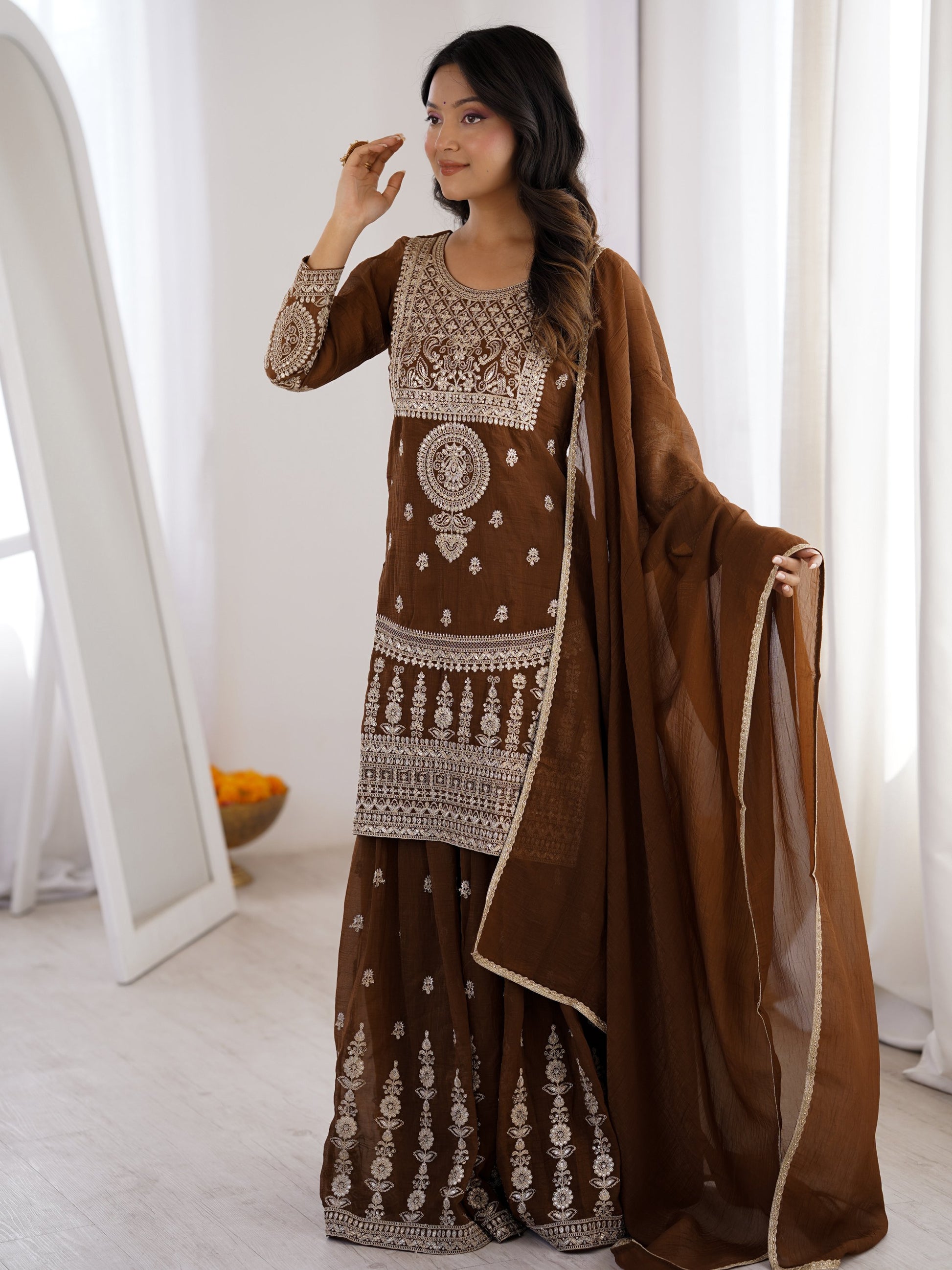 Glorious Brown Dori Work Silk Eid Special Sharara Suit With Dupatta