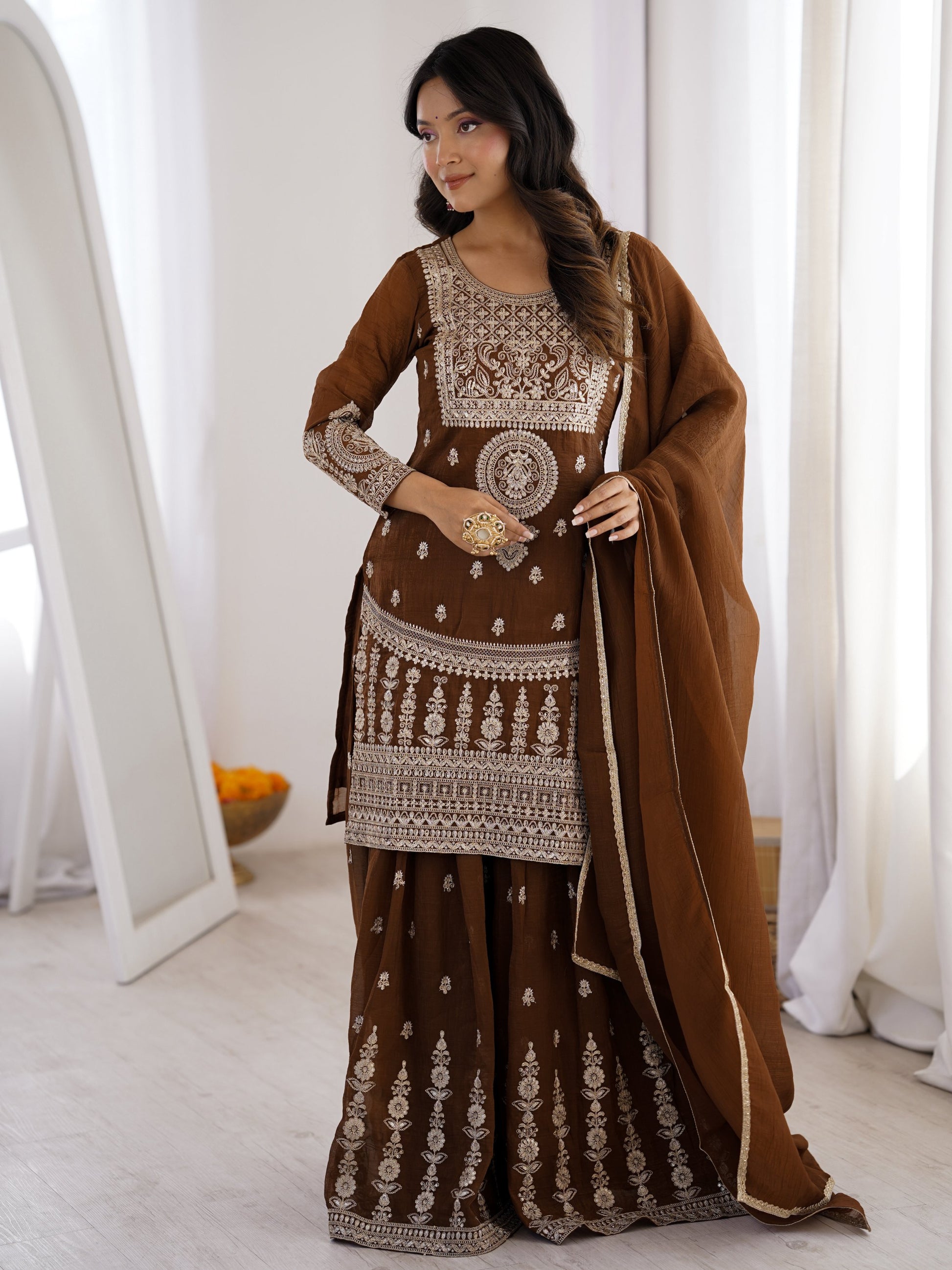 Glorious Brown Dori Work Silk Eid Special Sharara Suit With Dupatta