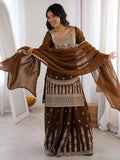 Glorious Brown Dori Work Silk Eid Special Sharara Suit With Dupatta