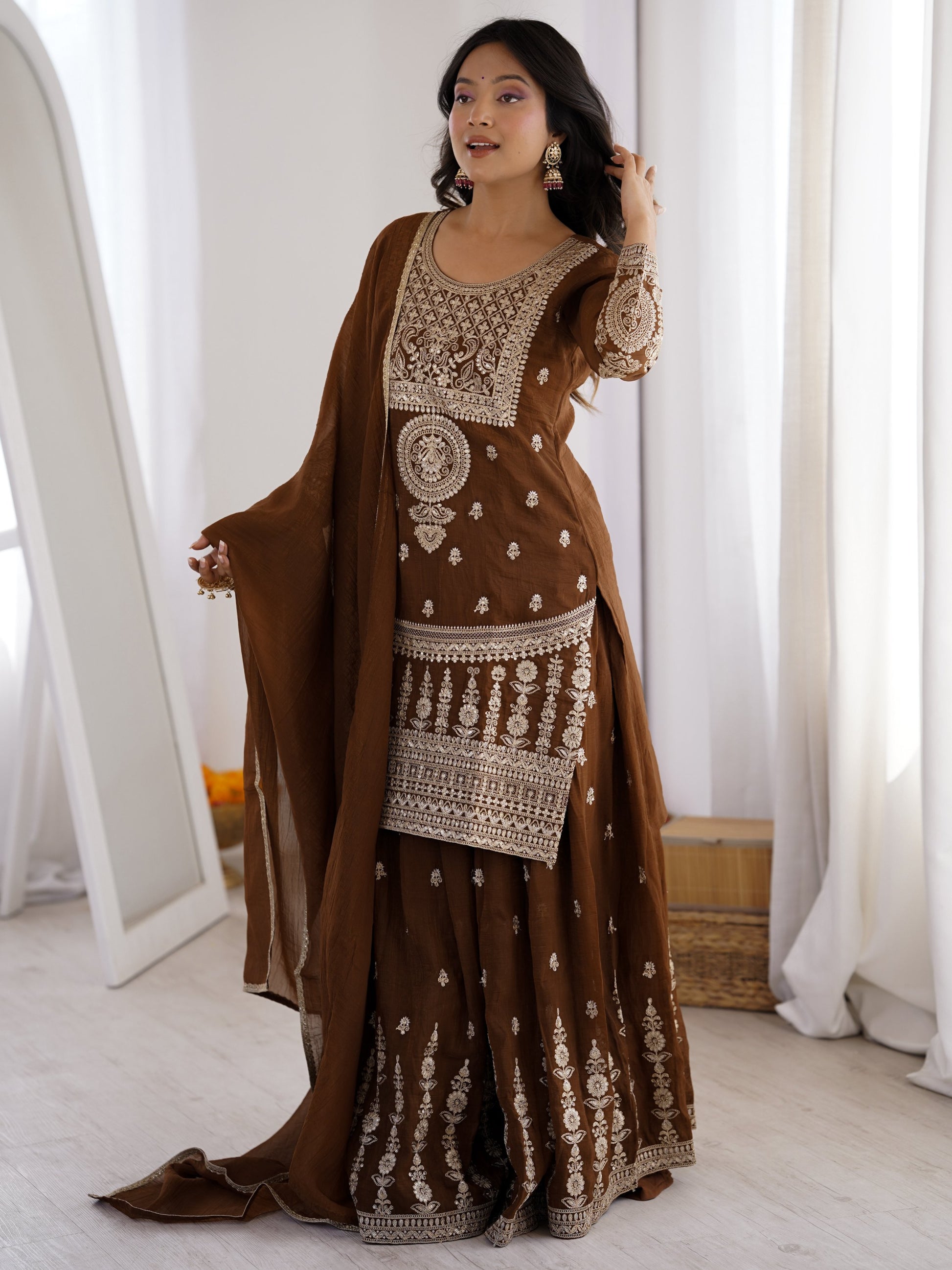 Glorious Brown Dori Work Silk Eid Special Sharara Suit With Dupatta