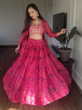 Lovely Pink Bandhani Printed Cotton Lehenga Choli With Jacket