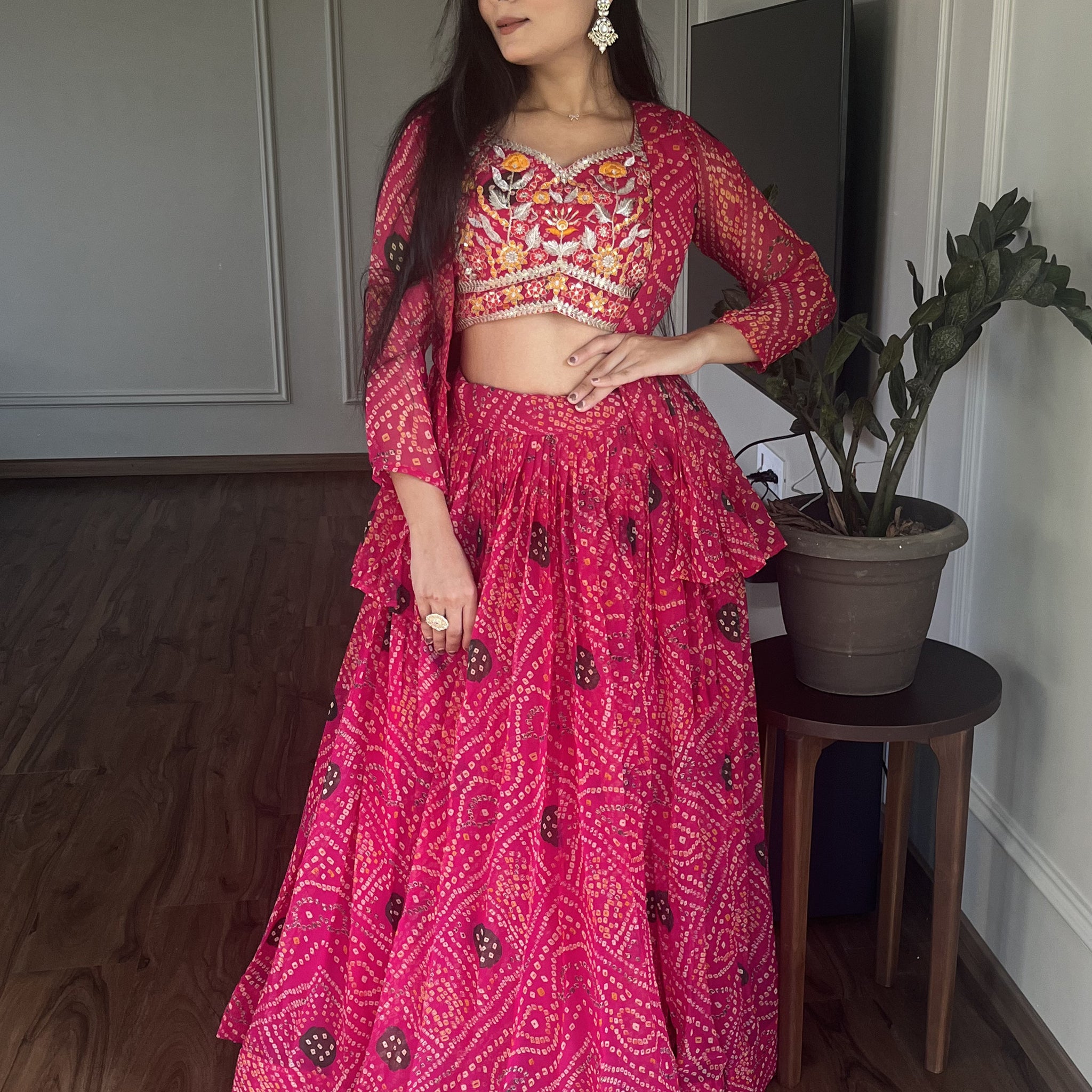 Lovely Pink Bandhani Printed Cotton Lehenga Choli With Jacket