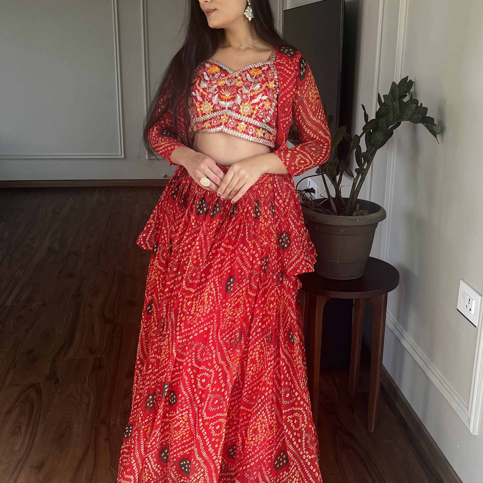 Lovely Pink Bandhani Printed Cotton Lehenga Choli With Jacket