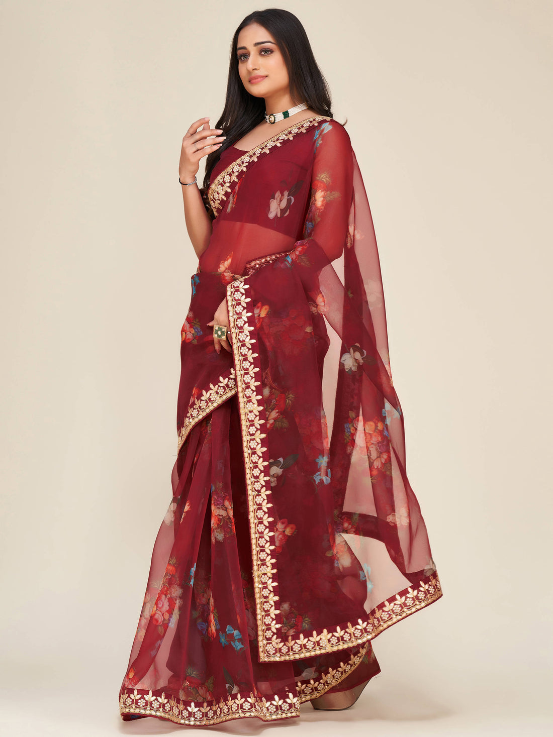 Mesmerizing Maroon Floral Print Work Organza Party Wear Saree