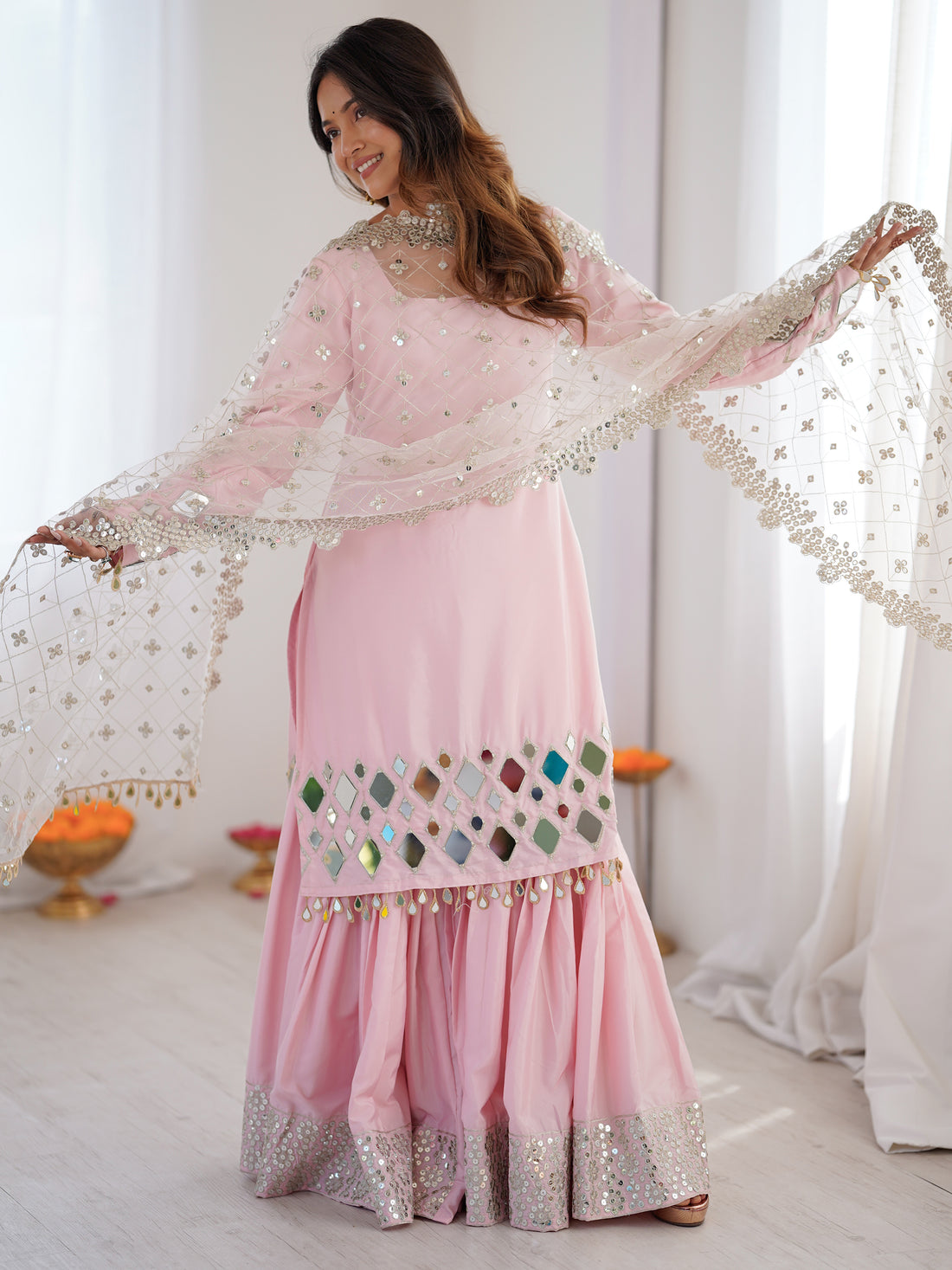 Wonderful Baby Pink Mirror Work Crepe Festival Wear Sharara Suit