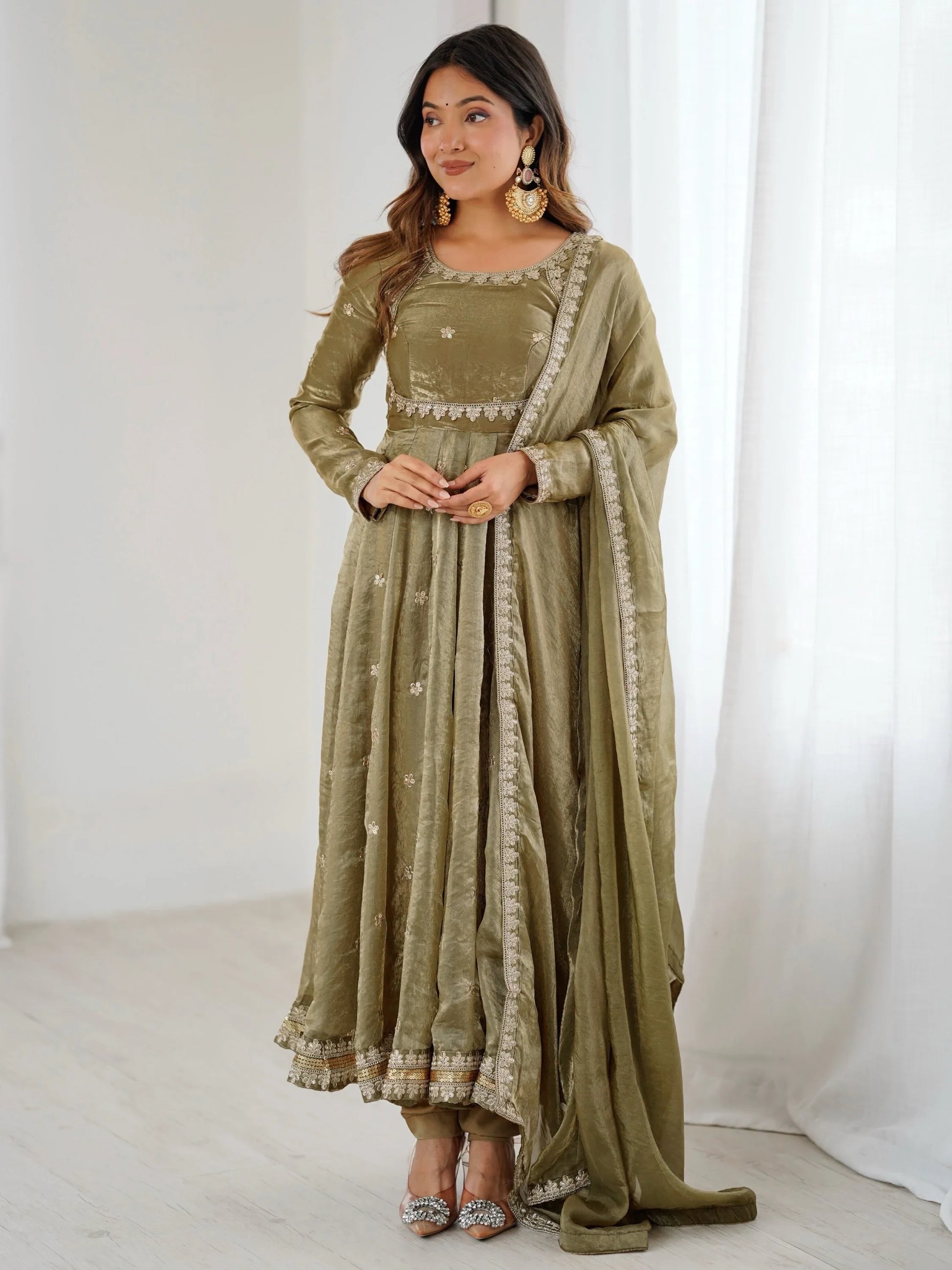 Gorgeous Olive Green Coding Embroidery Silk Mehendi Wear Anarkali Gown