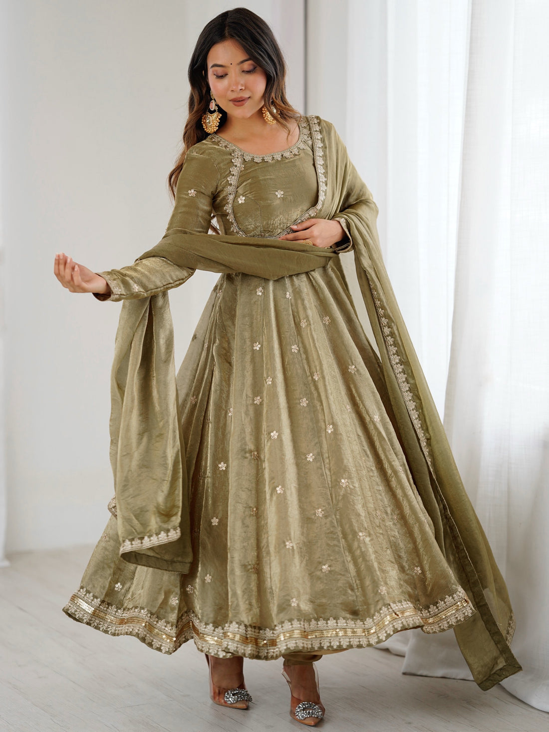 Gorgeous Olive Green Coding Embroidery Silk Mehendi Wear Anarkali Gown
